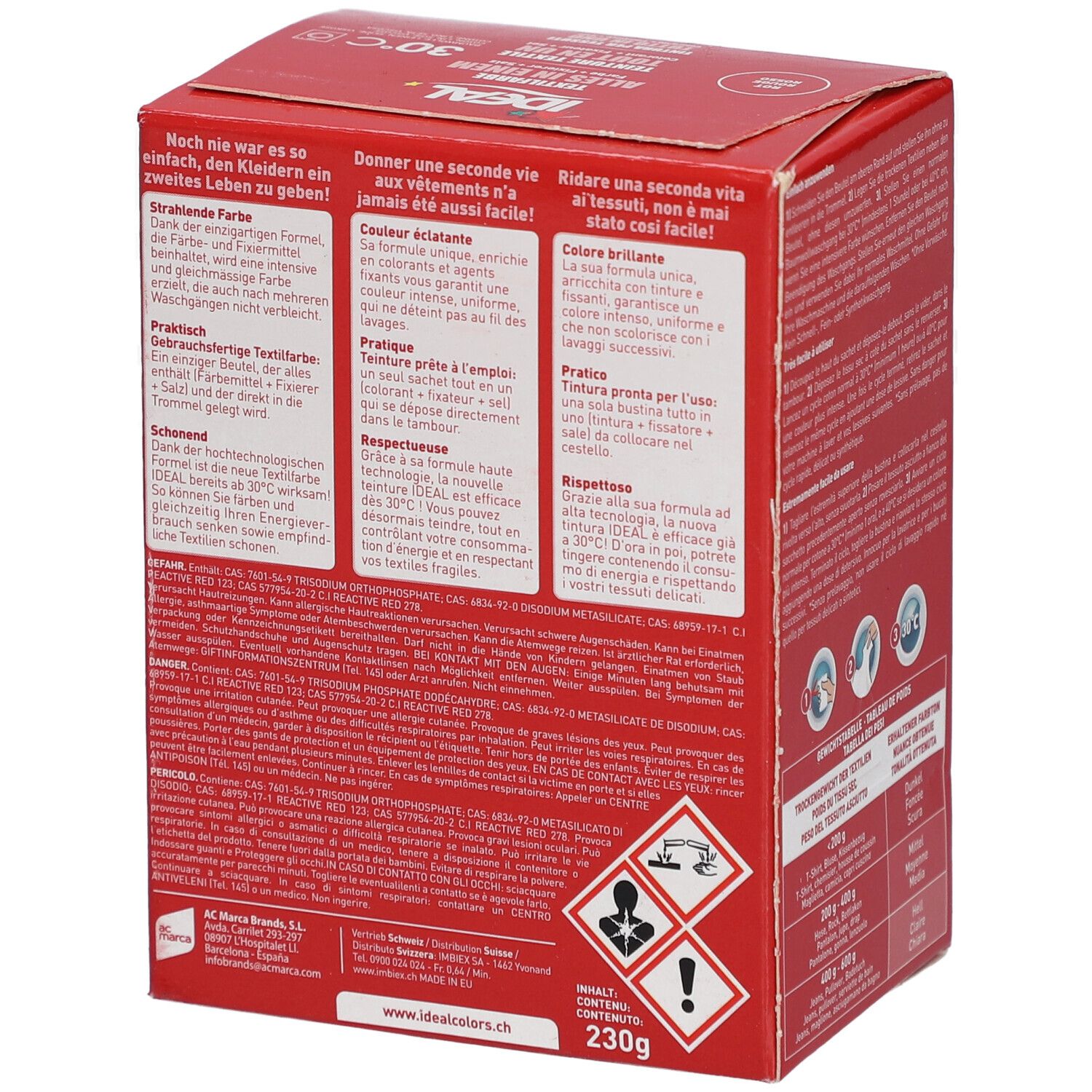 Rote Kartonverpackung mit Text. Warnhinweise und Piktogramme. IDEAL Textilfarbe.