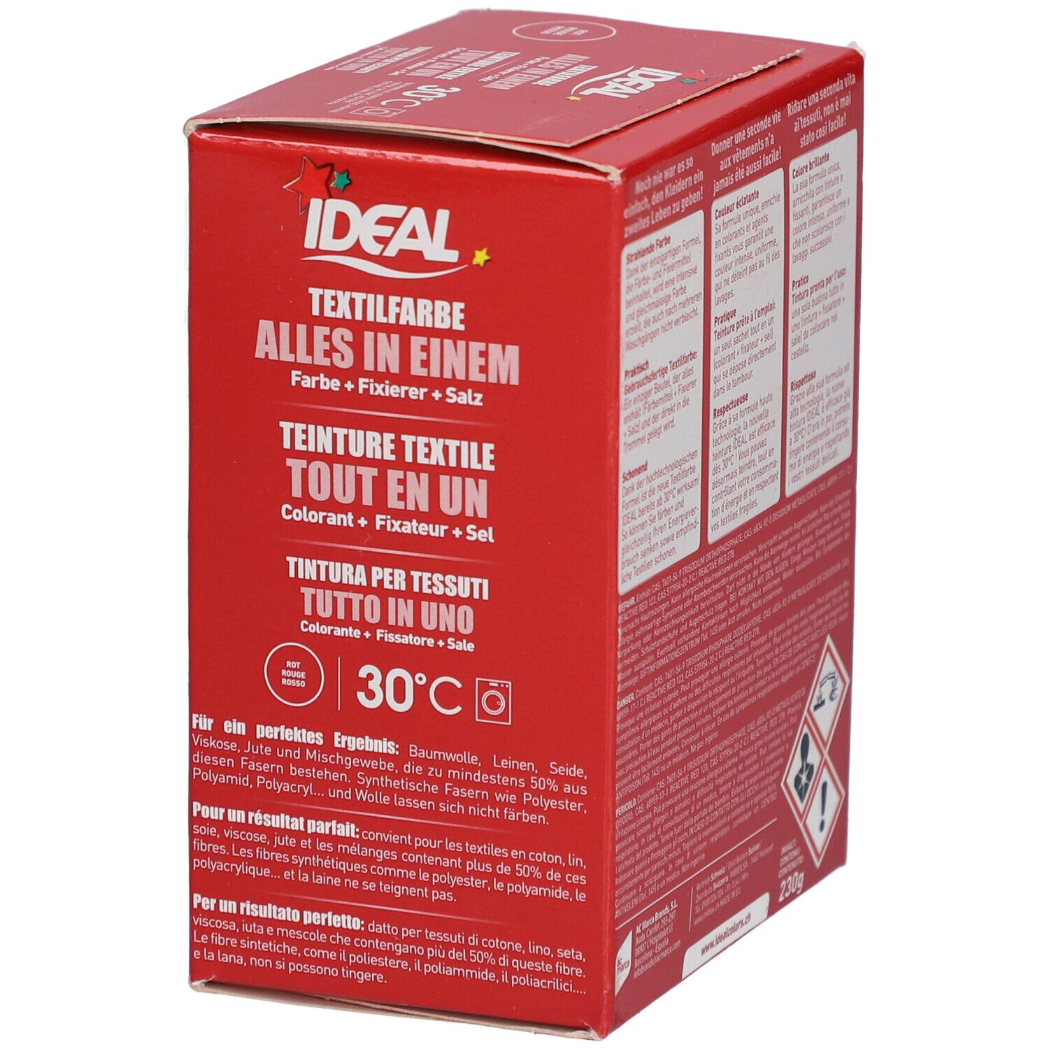Rote Kartonverpackung mit Produktinformationen. IDEAL Textilfarbe. Waschmaschinen-Symbol und 30°C.