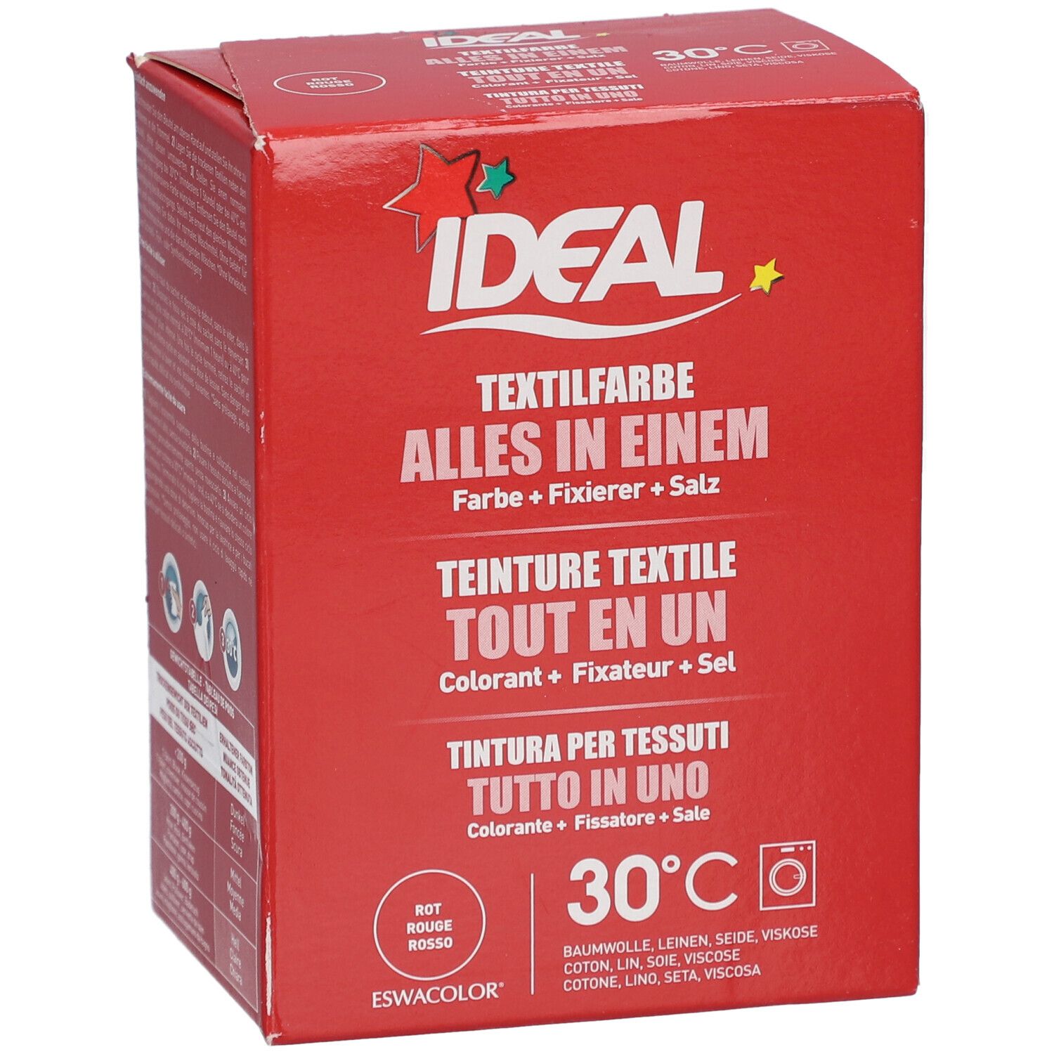 Rote Kartonverpackung mit Produktnamen IDEAL Textilfarbe. Mehrsprachige Produktinformationen. Waschmaschinen-Symbol.