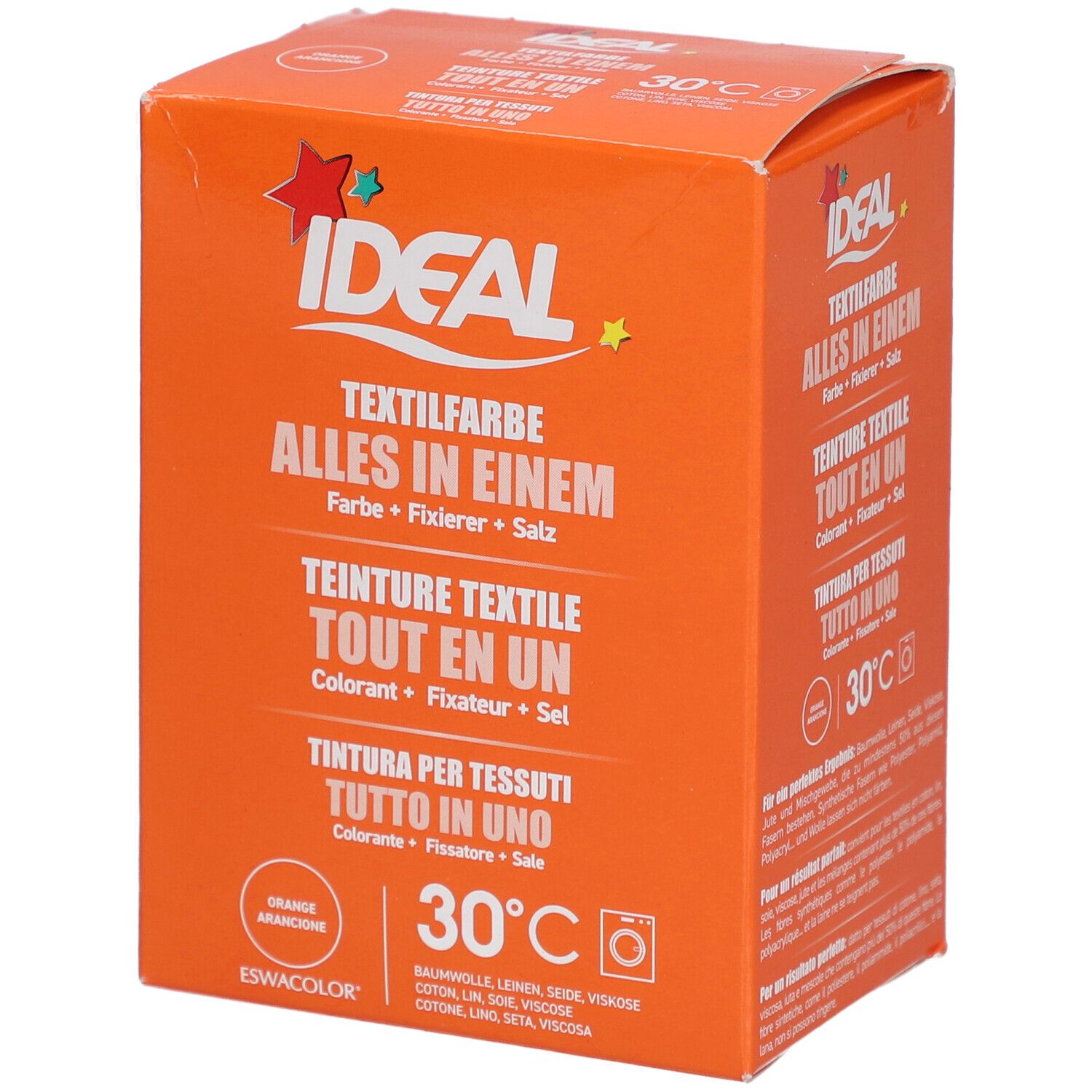 Orangefarbene Box mit Ideal Textilfarbe. Text steht in Deutsch, Französisch, Italienisch. Waschmaschinen-Symbol.