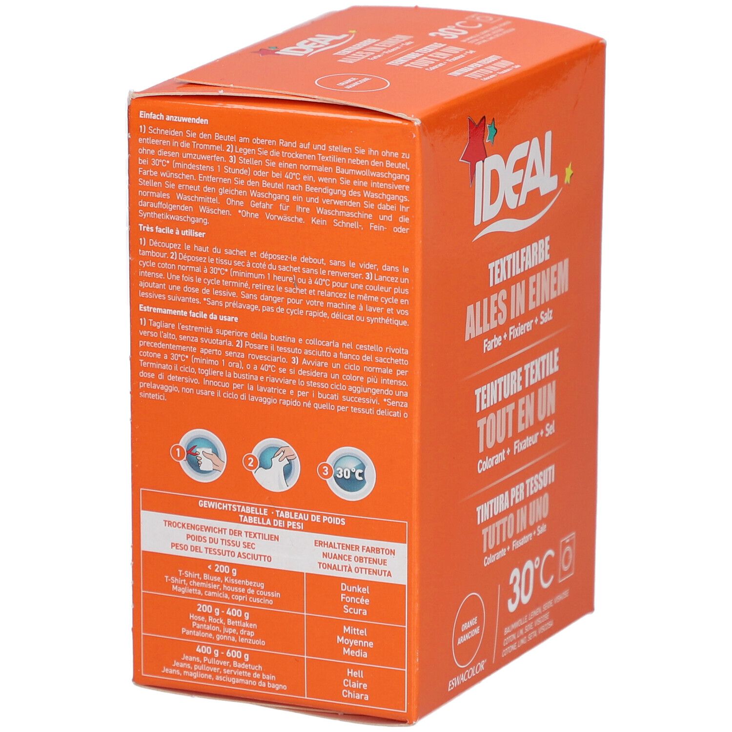 Rückseite der orangefarbenen Ideal Textilfarbe Box. Text in mehreren Sprachen. Gewichtstabelle und Waschsymbol.
