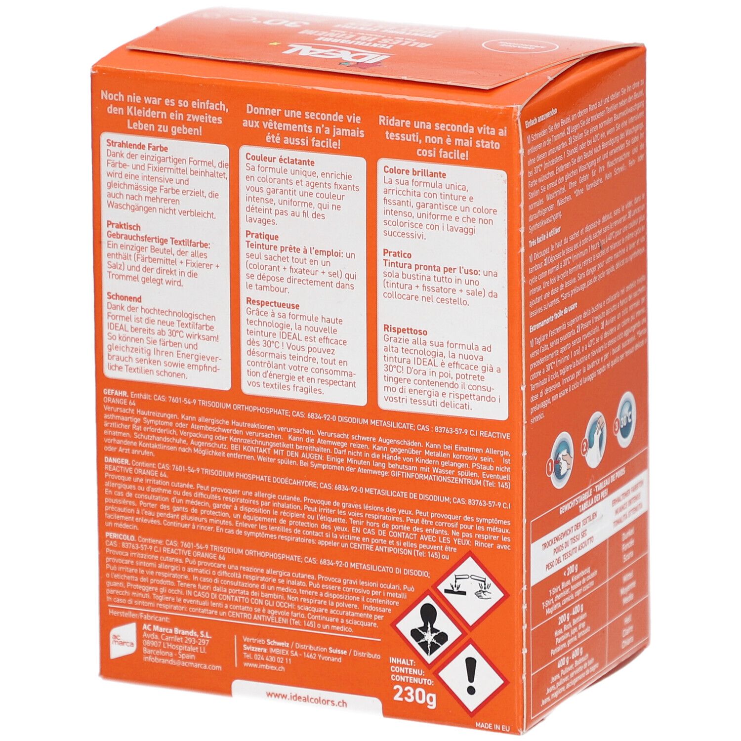 Rückseite der orangefarbenen Ideal Textilfarbe Box. Text in mehreren Sprachen. Gefahrensymbole und Inhaltsangabe.
