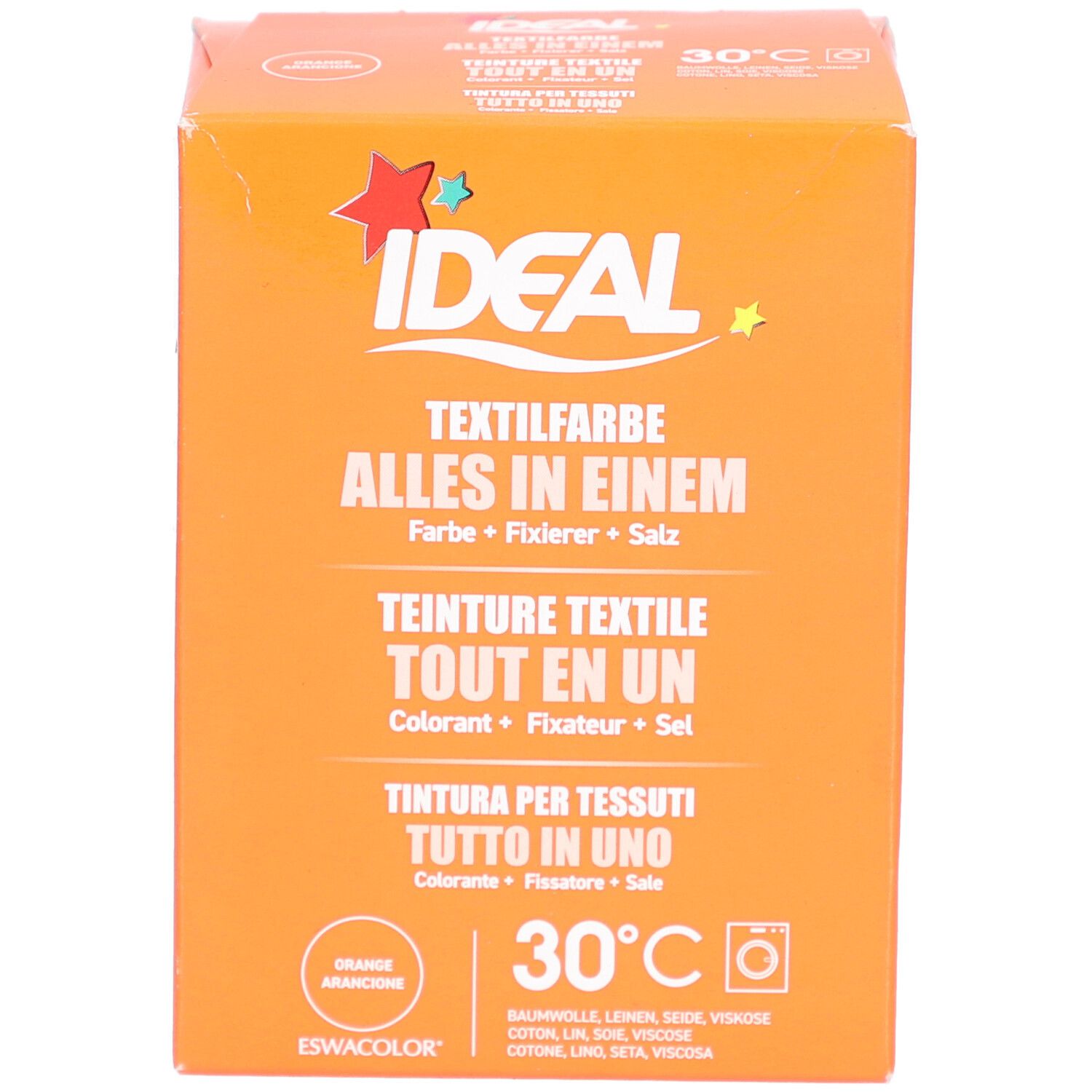 Orangefarbene Ideal Textilfarbe Box. Text in Deutsch, Französisch, Italienisch. Waschmaschinen-Symbol und 30°C.