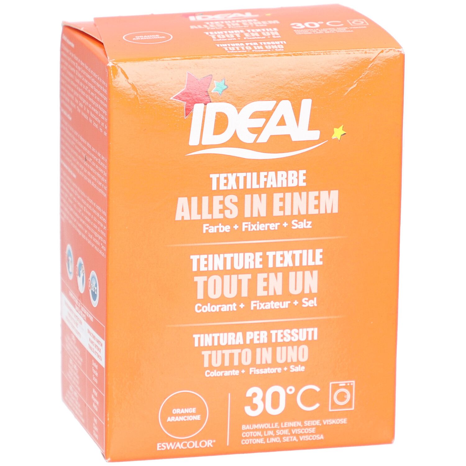 Orangefarbene Ideal Textilfarbe Box. Text in Deutsch, Französisch, Italienisch. Waschmaschinen-Symbol und 30°C.