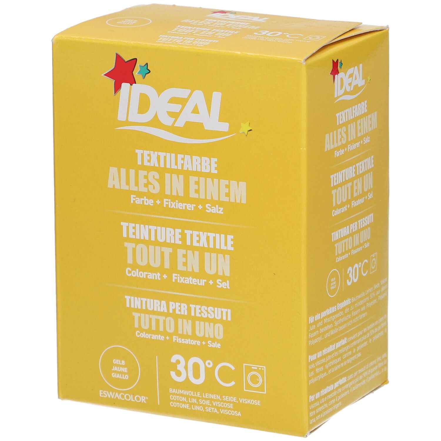Gelbe Kartonverpackung mit Produktnamen und Textilfarben-Informationen. Ideal-Logo und 30°C-Symbol.