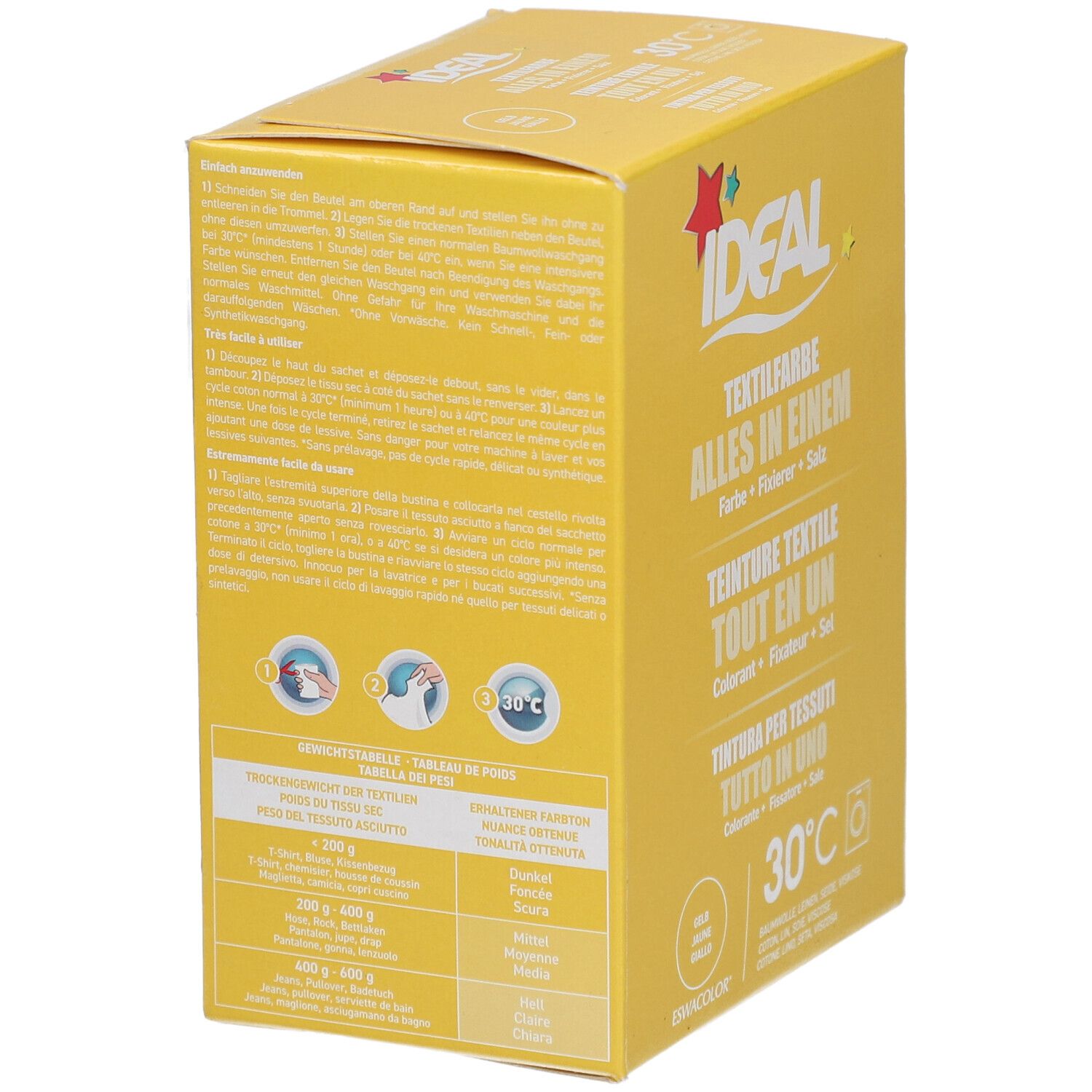 Gelbe Kartonverpackung, Rückseite mit Text und Symbolen. Ideal-Logo und 30°C-Symbol.