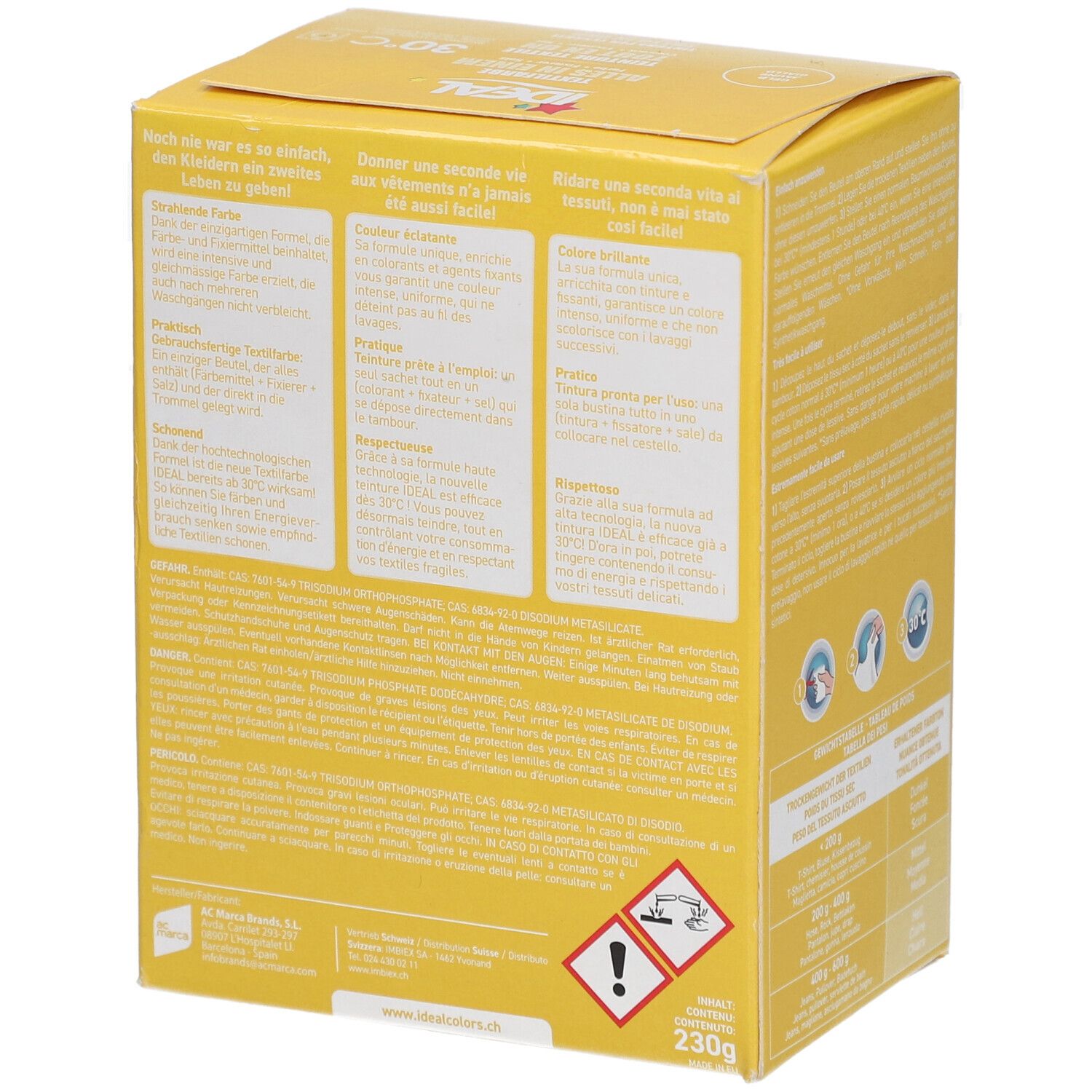 Gelbe Kartonverpackung, Rückseite mit Text, Warnhinweisen und Gewicht. Ideal-Logo.