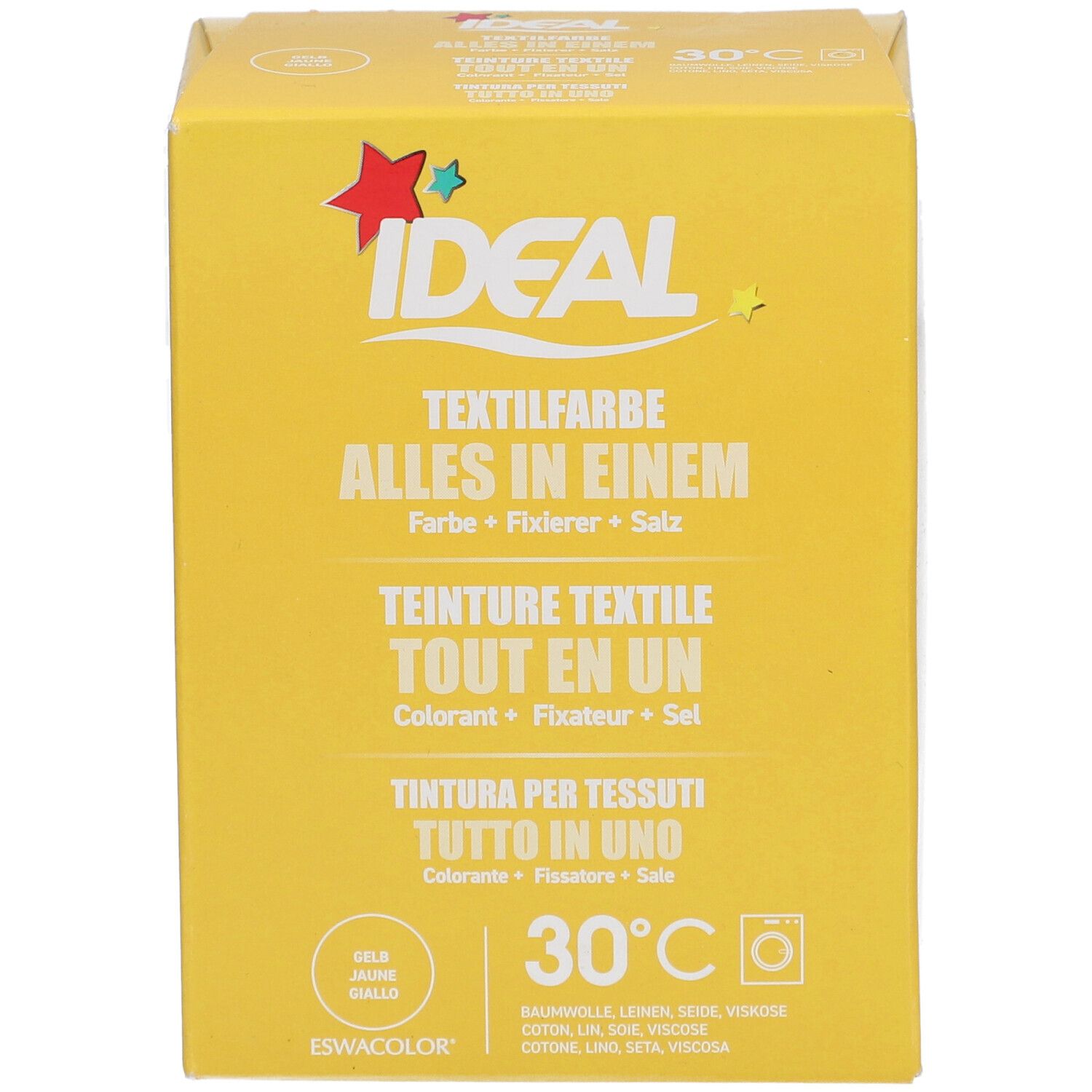 Gelbe Kartonverpackung mit Produktnamen und Textilfarben-Informationen. Ideal-Logo und 30°C-Symbol.