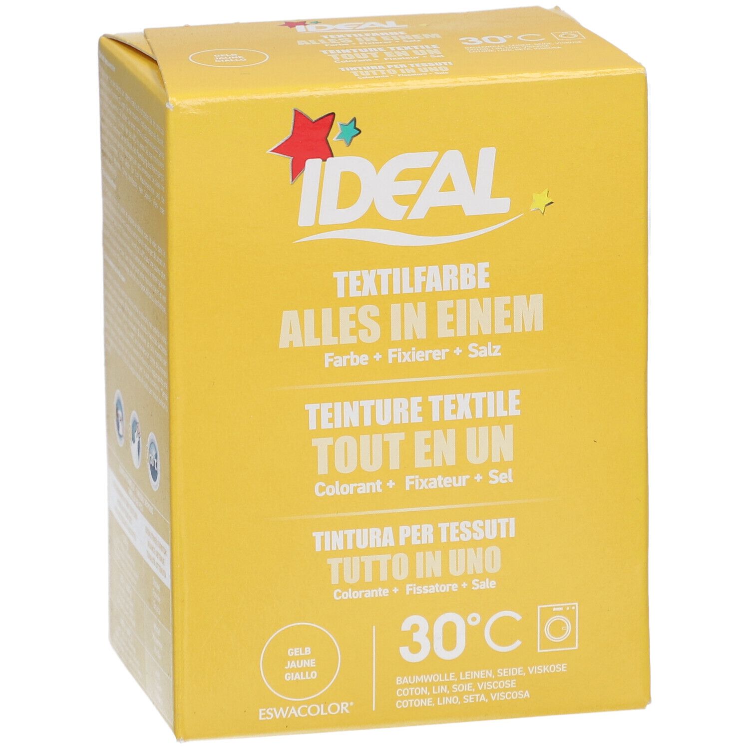 Gelbe Kartonverpackung mit Produktnamen und Textilfarben-Informationen. Ideal-Logo und 30°C-Symbol.