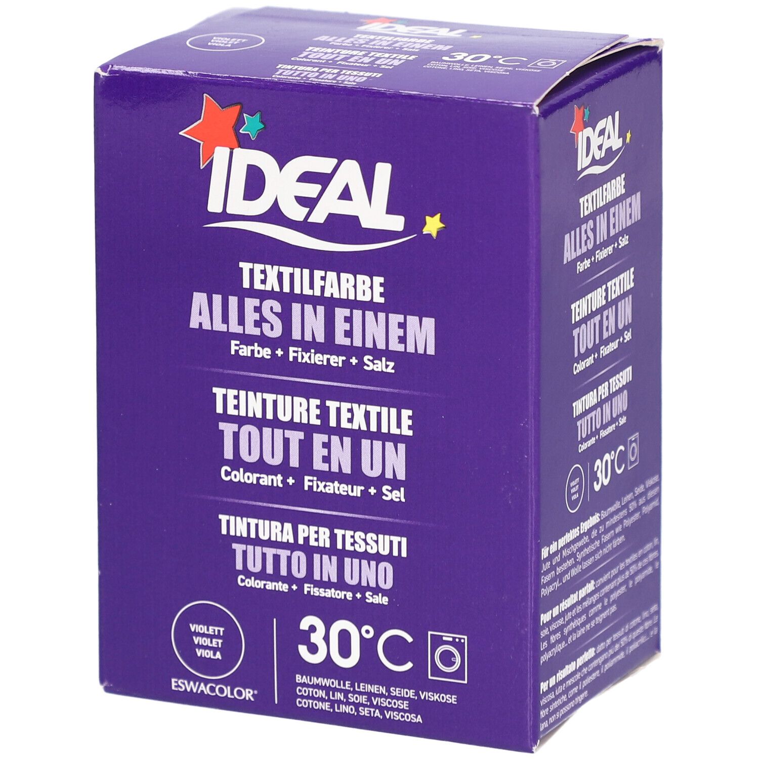 Violette Textilfarbe-Box. "IDEAL"-Logo. "Textilfarbe Alles in Einem". 30°C-Symbol. Enthält Farbe, Fixierer, Salz.