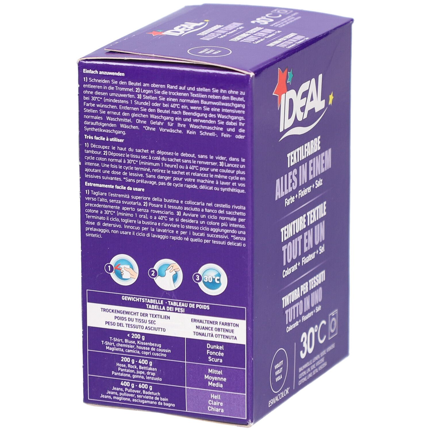 Box mit Textilfarbe. Rückseite mit Anweisungen. "IDEAL"-Logo. "Textilfarbe Alles in Einem". 30°C-Symbol. Gewichtstabelle.