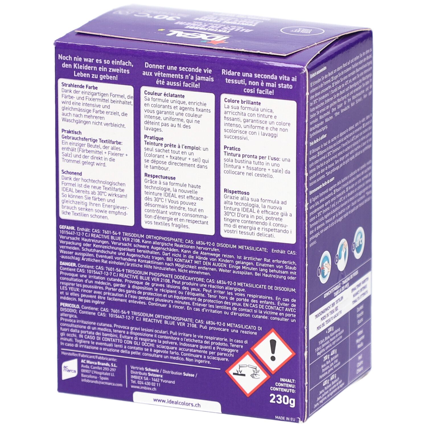 Rückseite der Textilfarbe-Box. Warnhinweise und Inhaltsstoffe. "IDEAL"-Logo. 230g. Gefahrensymbole.
