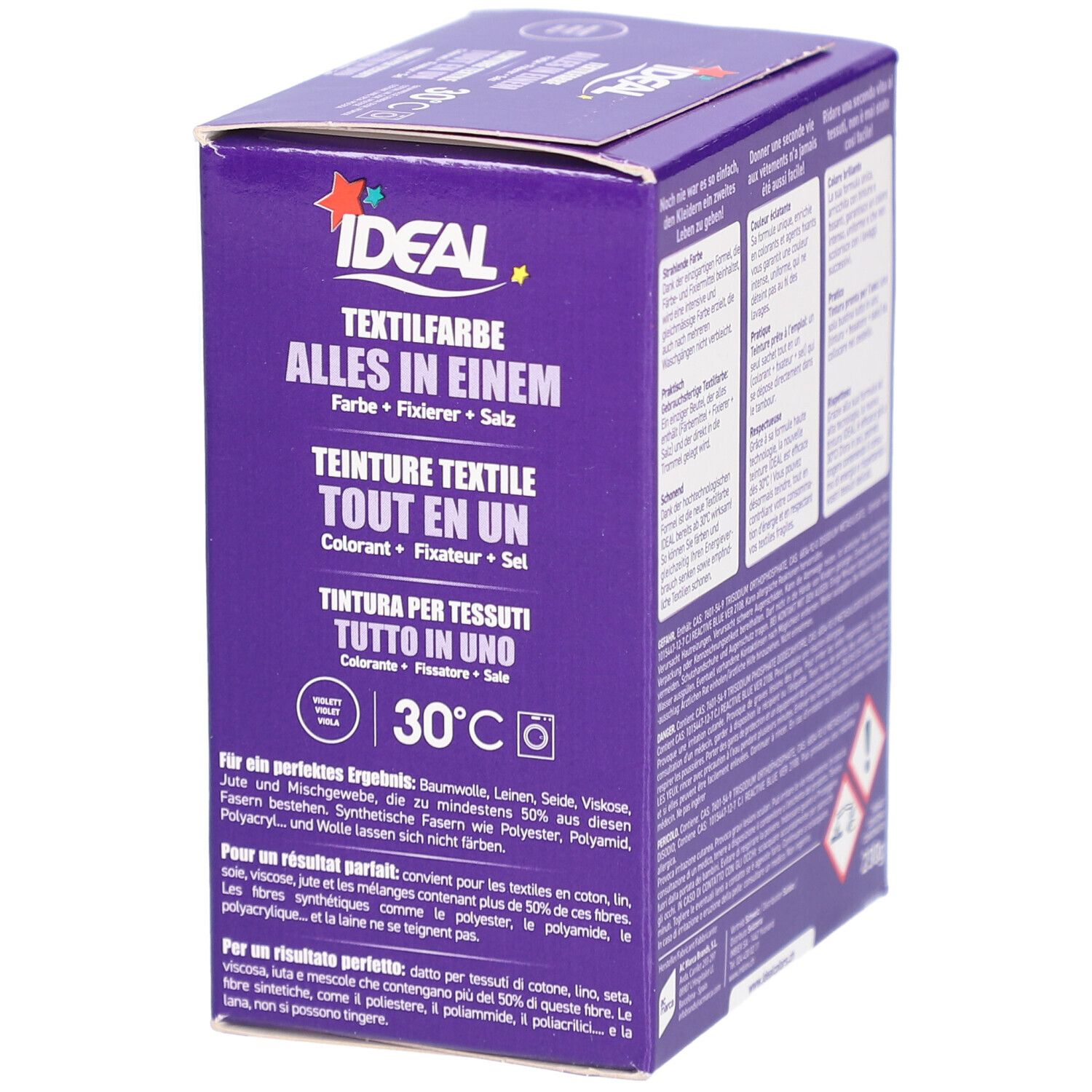 Box mit Textilfarbe. "IDEAL"-Logo. "Textilfarbe Alles in Einem". 30°C-Symbol. Für Baumwolle, Leinen, Seide, Viskose.