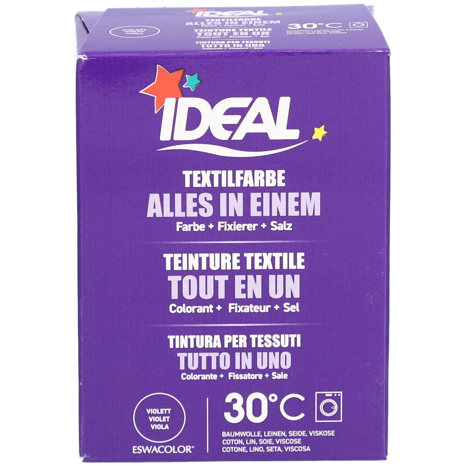 Violette Textilfarbe-Box. "IDEAL"-Logo. "Textilfarbe Alles in Einem". 30°C-Symbol. Enthält Farbe, Fixierer, Salz.