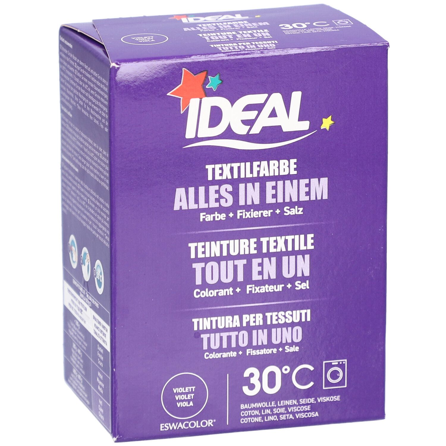 Violette Textilfarbe-Box. "IDEAL"-Logo. "Textilfarbe Alles in Einem". 30°C-Symbol. Enthält Farbe, Fixierer, Salz.