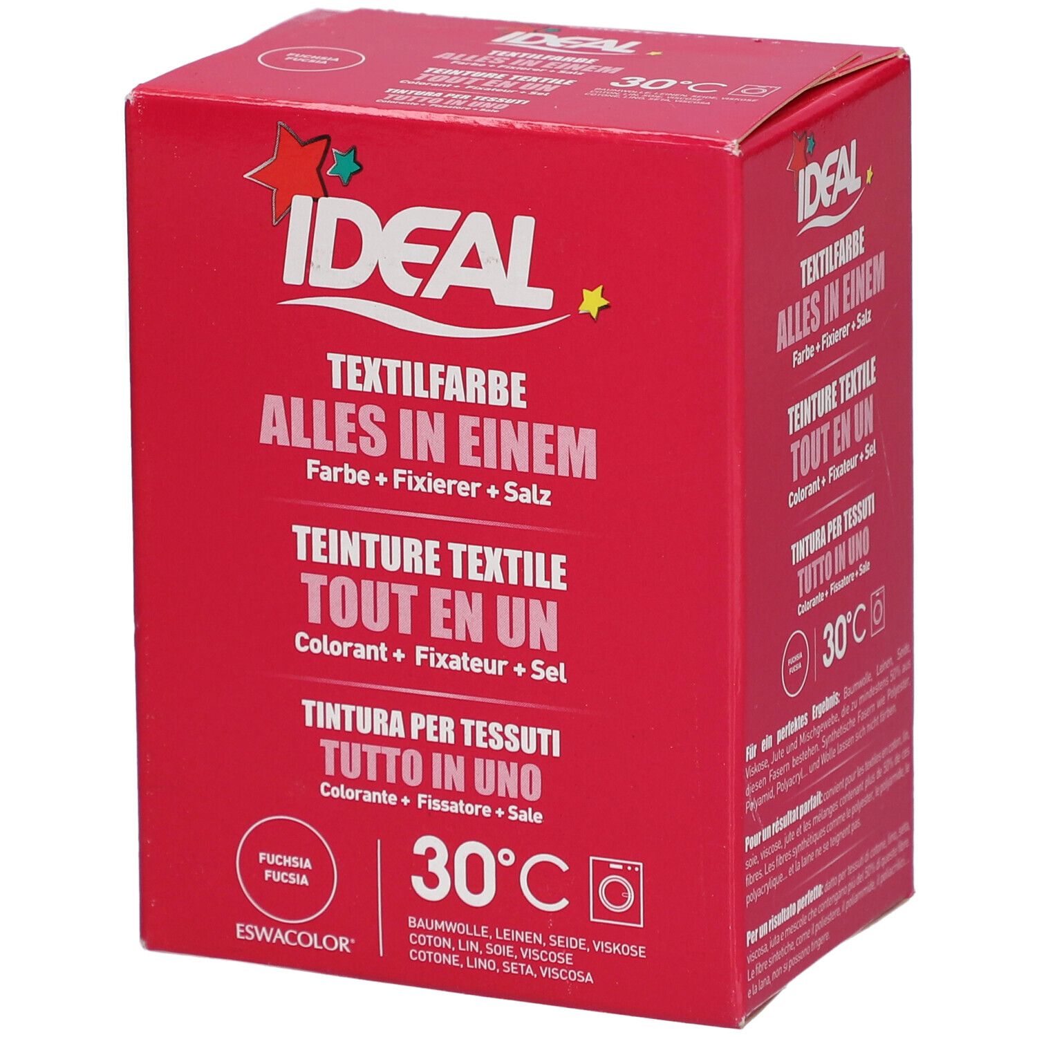 Rote Kartonverpackung mit Produktnamen IDEAL Textilfarbe. Enthält Text, Fuchsia, 30°C und Waschmaschinen-Symbol.