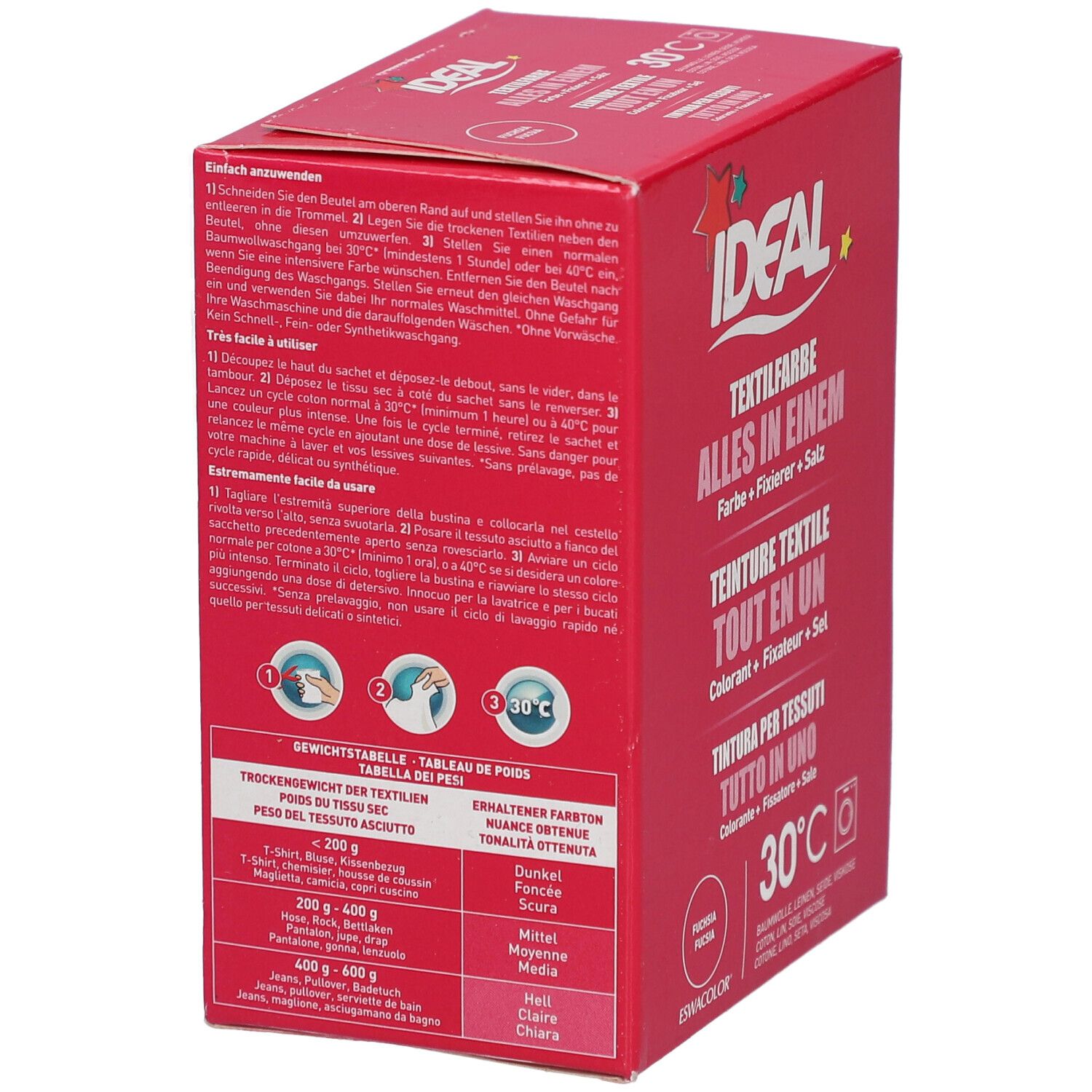 Rückseite der roten IDEAL Textilfarbe-Verpackung. Enthält Text, eine Tabelle und das IDEAL-Logo. 30°C-Symbol.