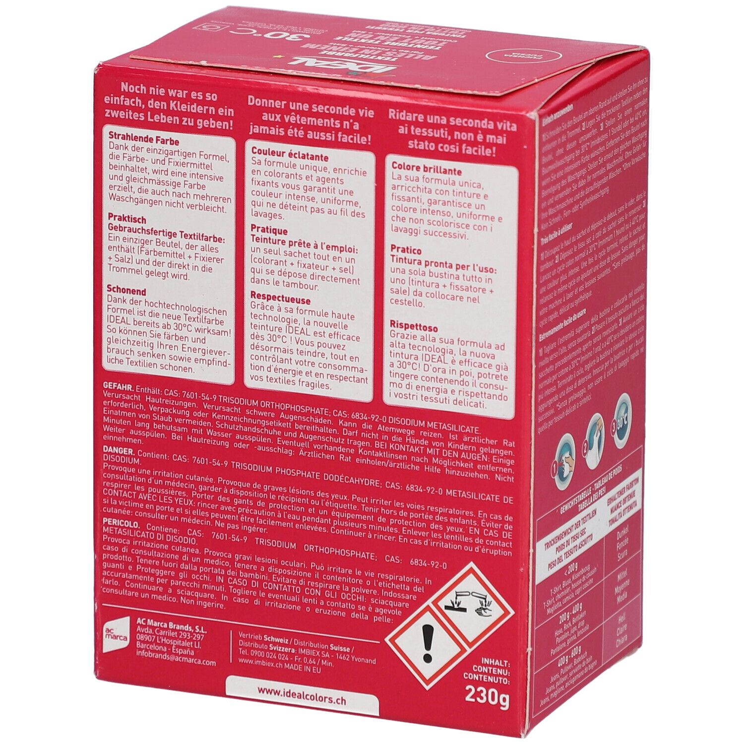 Rote Verpackung IDEAL Textilfarbe. Enthält Text in Deutsch, Französisch und Italienisch. Warnhinweise und das IDEAL-Logo.