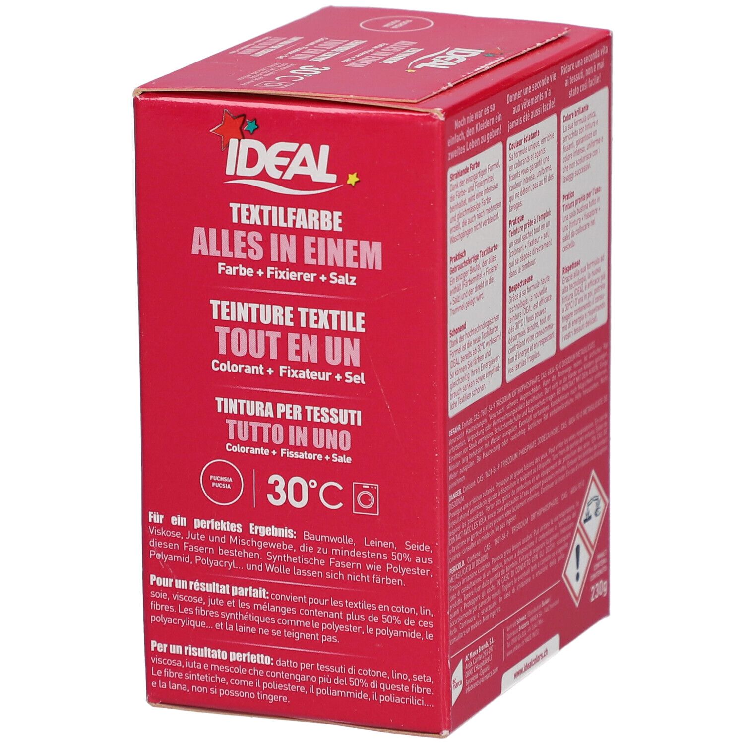 Rote Verpackung IDEAL Textilfarbe. Enthält Text in Deutsch, Französisch und Italienisch. Fuchsia, 30°C und Waschmaschinen-Symbol.