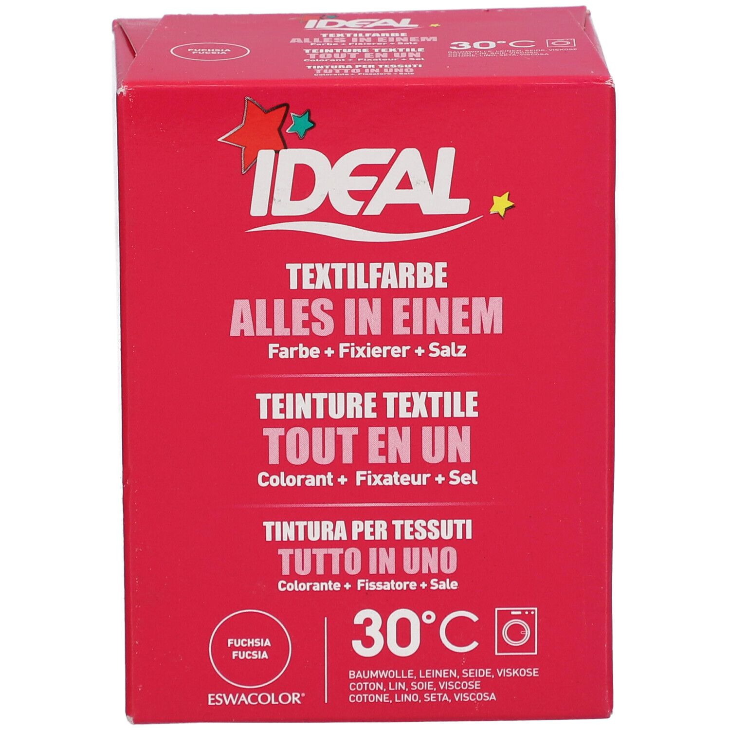 Rote Verpackung IDEAL Textilfarbe. Enthält Text in Deutsch, Französisch und Italienisch. Fuchsia, 30°C und Waschmaschinen-Symbol.