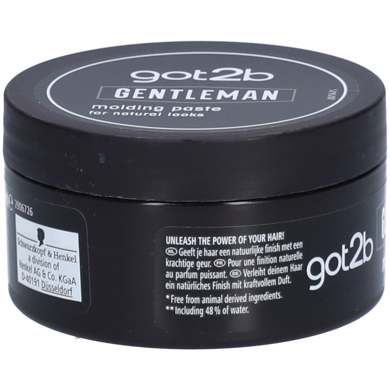 Schwarze Dose mit Deckel. Aufschrift: got2b GENTLEMAN molding paste. Text in mehreren Sprachen.