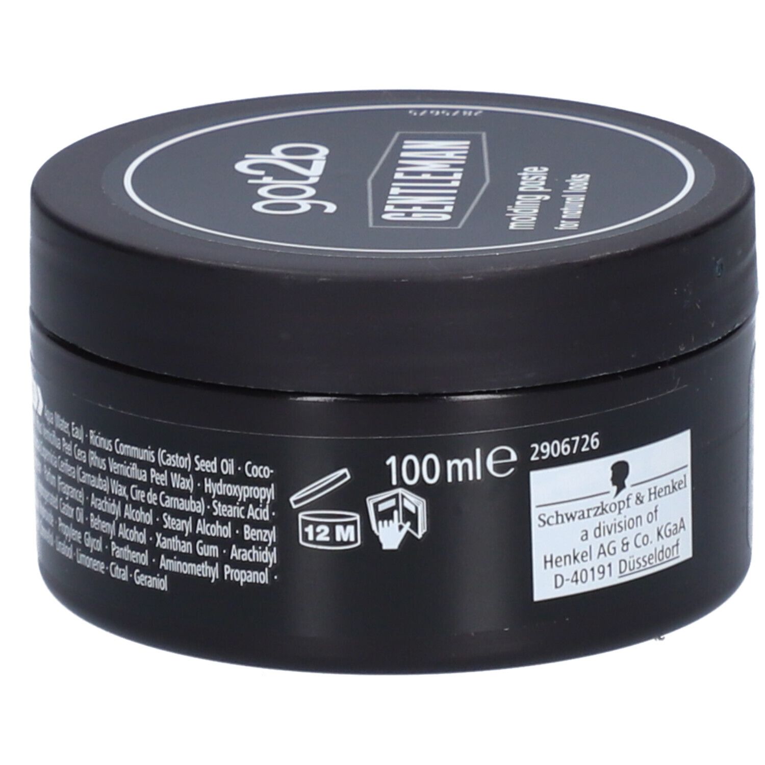 Schwarze Dose mit Deckel. Aufschrift: got2b GENTLEMAN molding paste. 100 ml. Inhaltsstoffe.