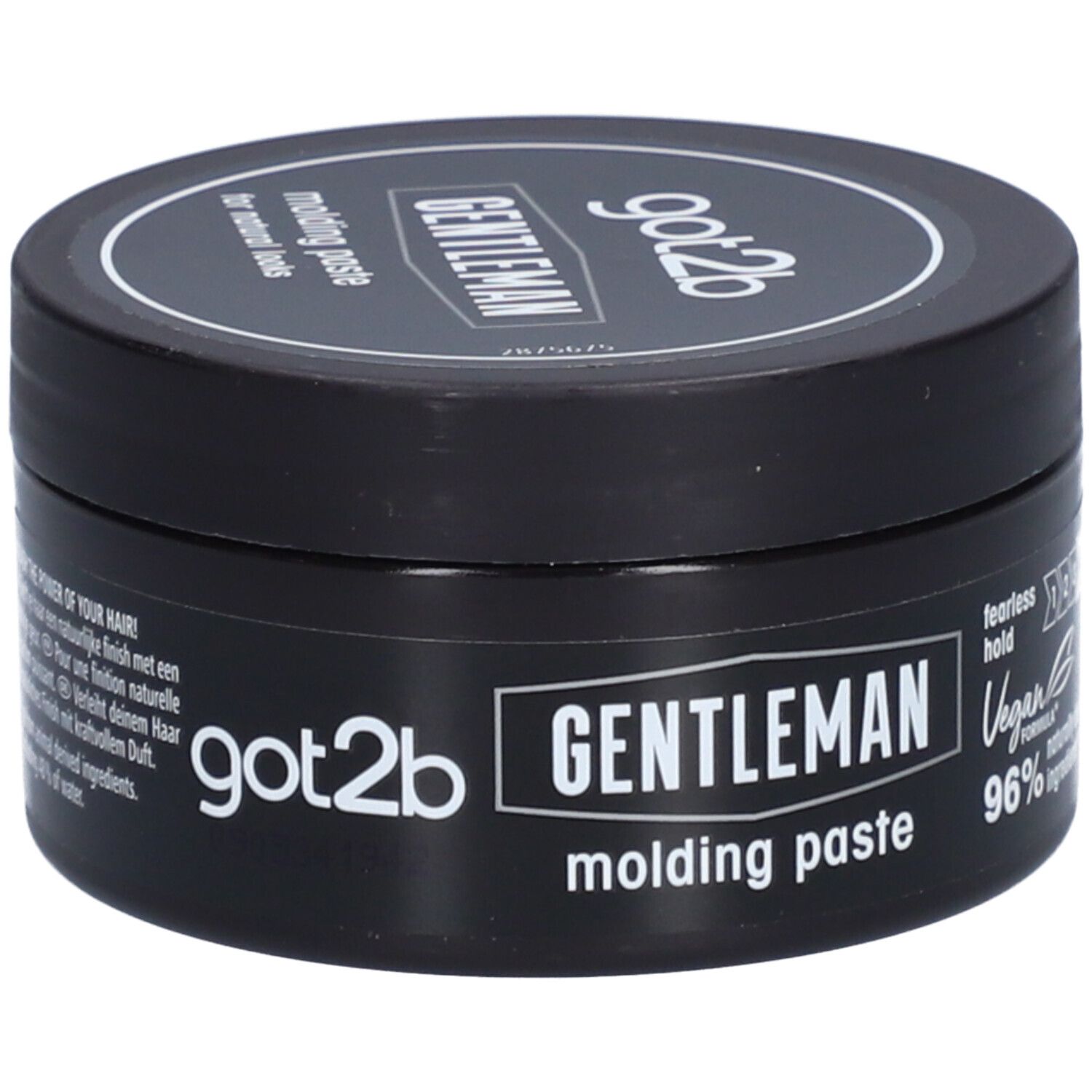 Schwarze Dose mit Deckel. Aufschrift: got2b GENTLEMAN molding paste. Vegan-Logo.