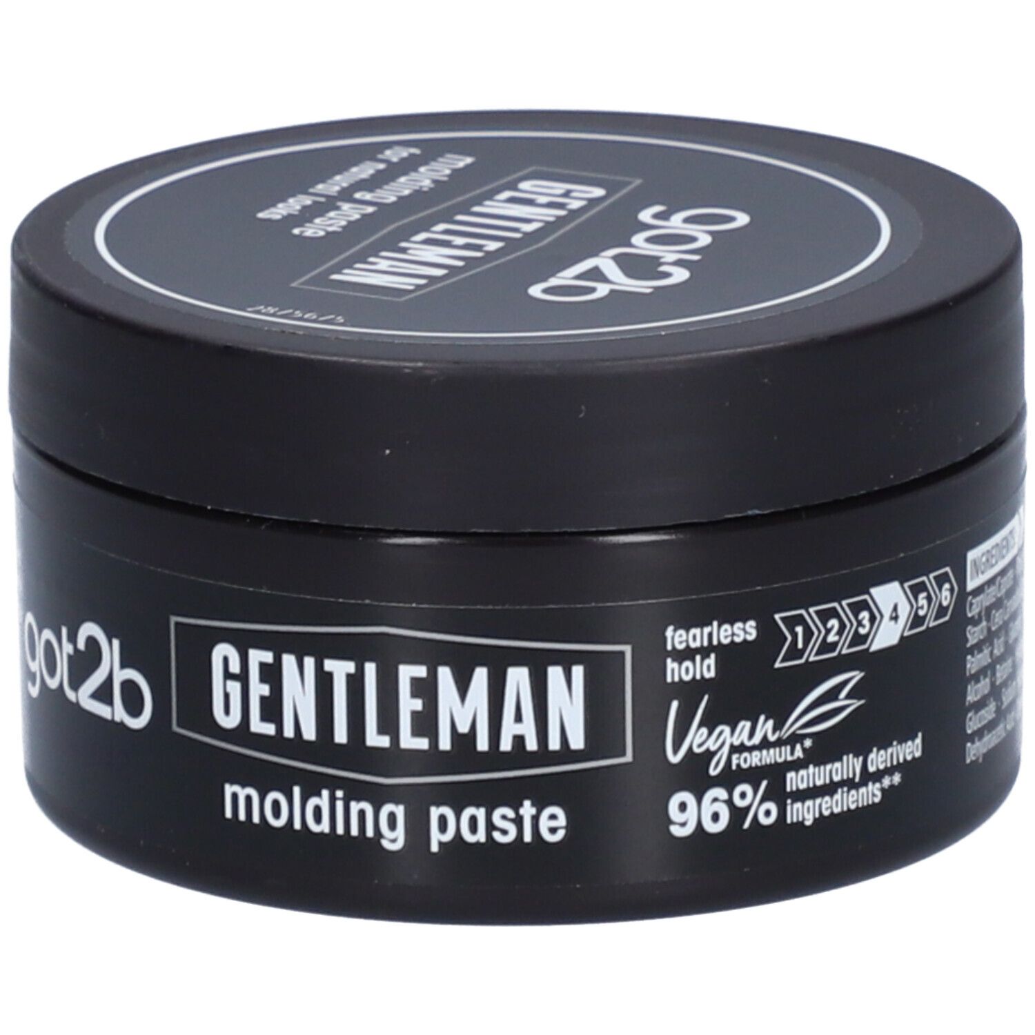 Schwarze Dose mit Deckel. Aufschrift: got2b GENTLEMAN molding paste. Vegan-Logo, 96% natürliche Inhaltsstoffe.