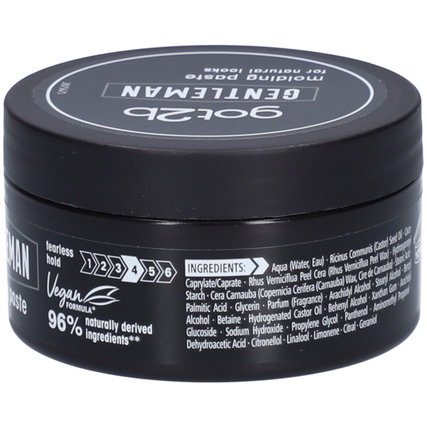Schwarze Dose mit Deckel. Aufschrift: got2b GENTLEMAN molding paste. Vegan-Logo, Inhaltsstoffe.