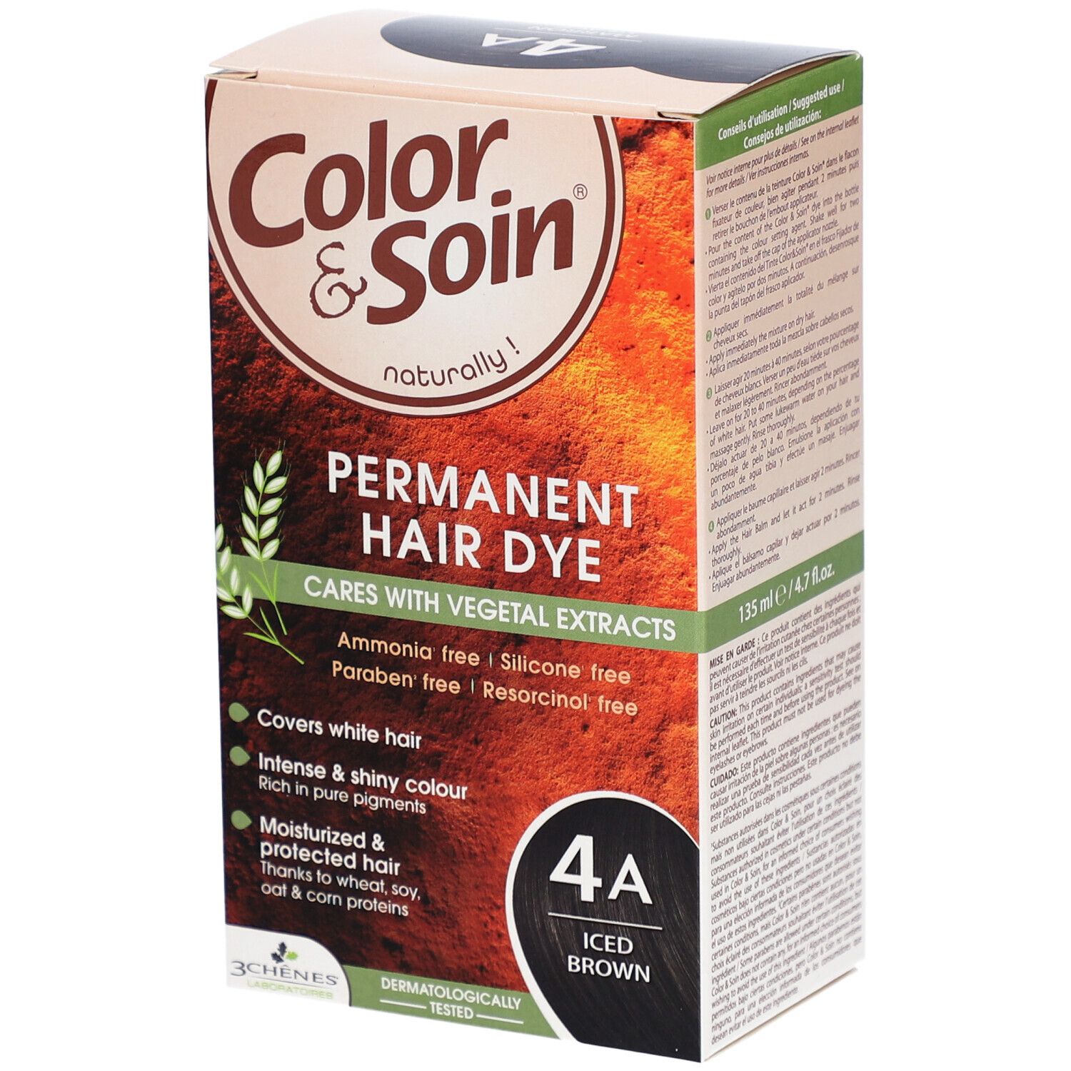 Haarfärbemittel-Box. Aufschrift: Color & Soin, Permanent Hair Dye, 4A Iced Brown. Enthält pflanzliche Extrakte.