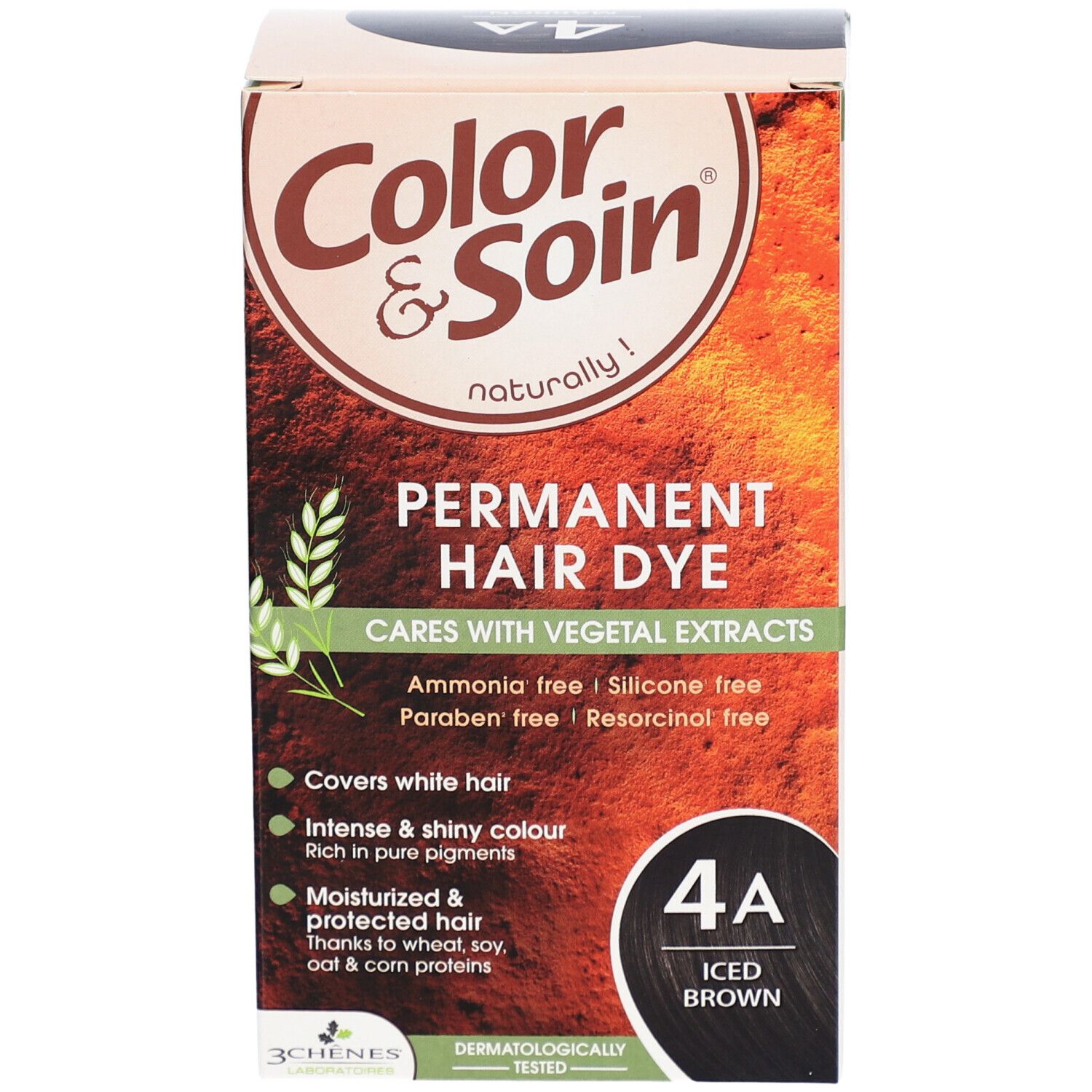 Haarfärbemittel-Box. Aufschrift: Color & Soin, Permanent Hair Dye, 4A Iced Brown. Enthält pflanzliche Extrakte.