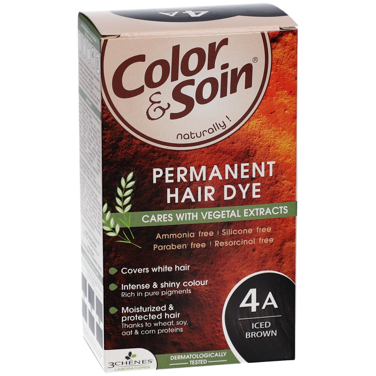 Haarfärbemittel-Box. Aufschrift: Color & Soin, Permanent Hair Dye, 4A Iced Brown. Enthält pflanzliche Extrakte.