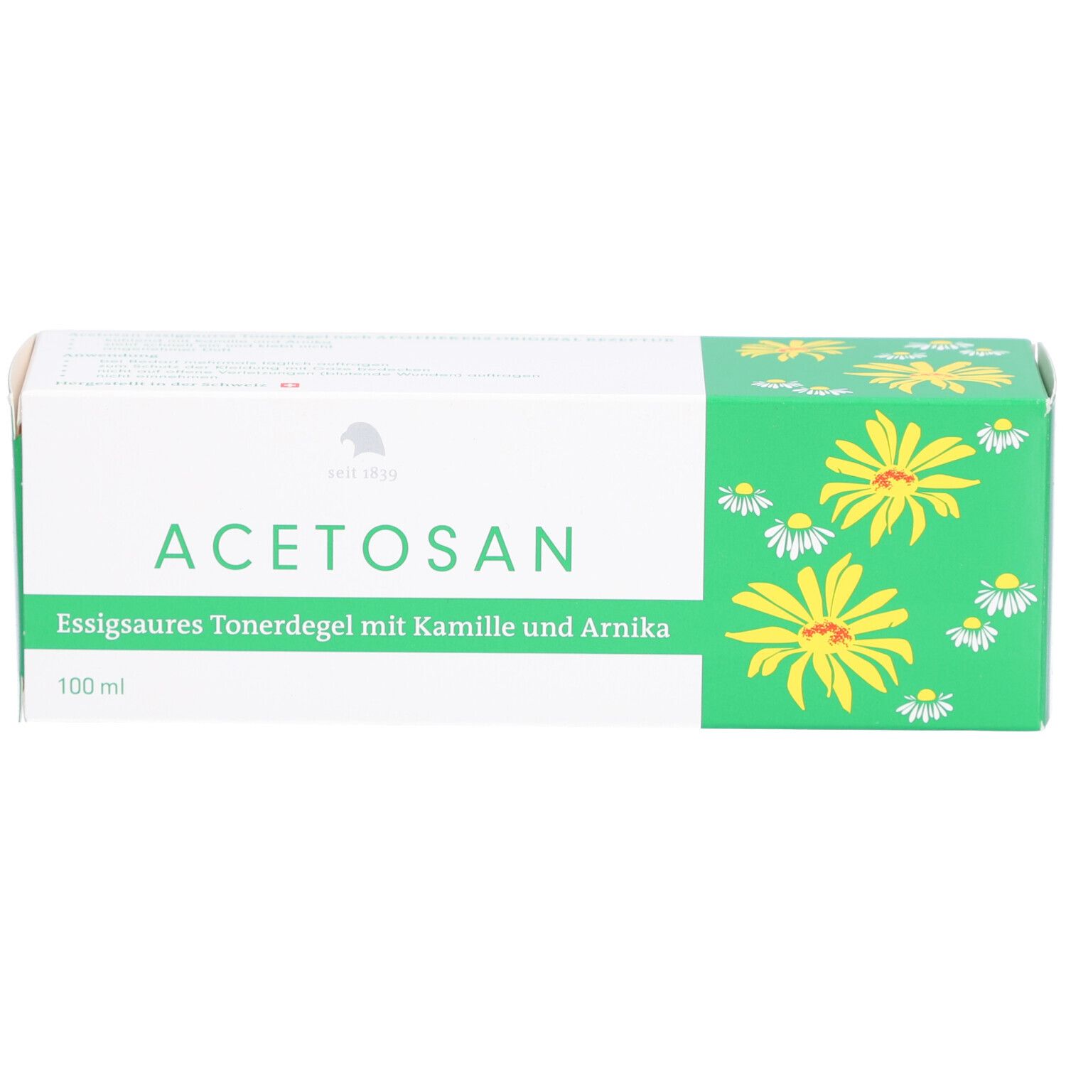 Schachtel mit Aufschrift: Acetosan, Kamille und Arnika. Schweizer Kreuz. 100 ml.