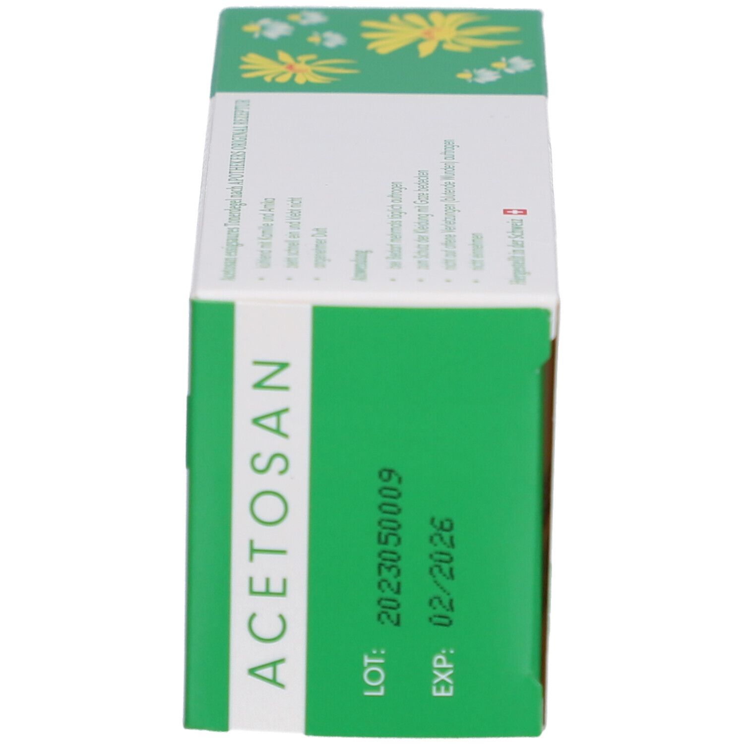 Schachtel, grün mit weißem Streifen. Aufschrift: Acetosan. Lot- und Verfallsdatum.