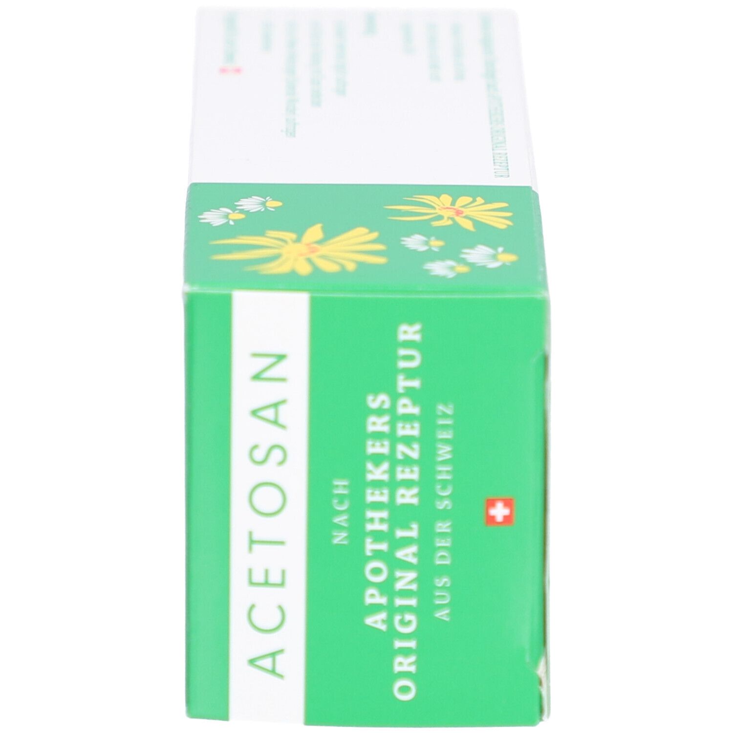 Schachtel, grün mit weißem Streifen. Aufschrift: Acetosan, Apothekers Original Rezeptur. Schweizer Kreuz.
