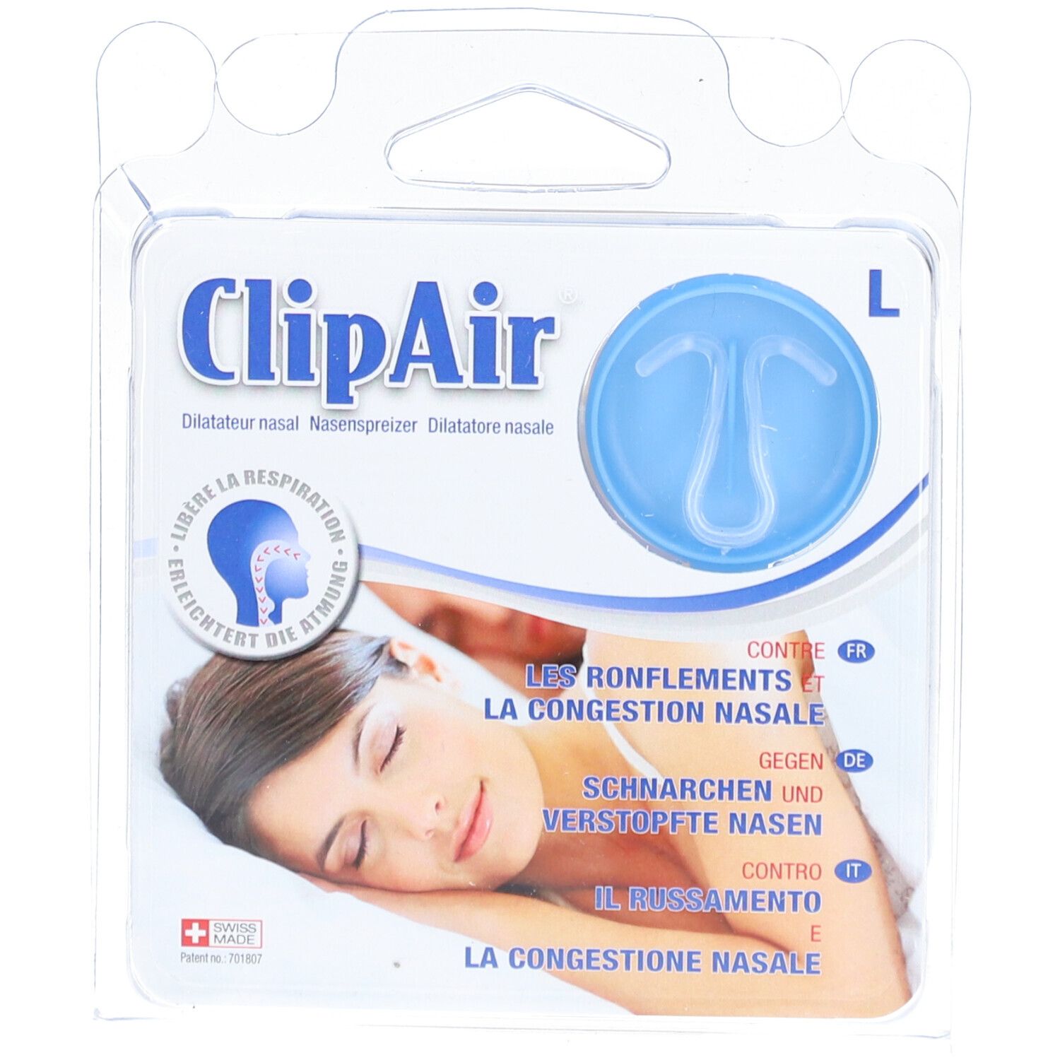 Blaues Nasendilatator in Verpackung. Aufschrift: ClipAir, Größe L. Gegen Schnarchen und verstopfte Nasen.