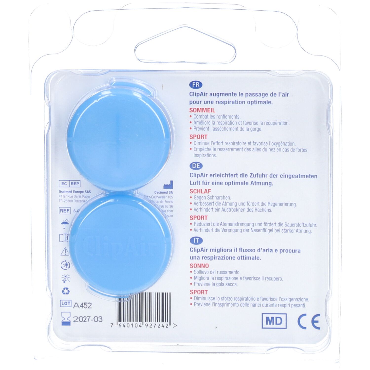 Rückseite der Blisterverpackung mit zwei blauen Nasenspreizern. Text: ClipAir, CE-Zeichen.