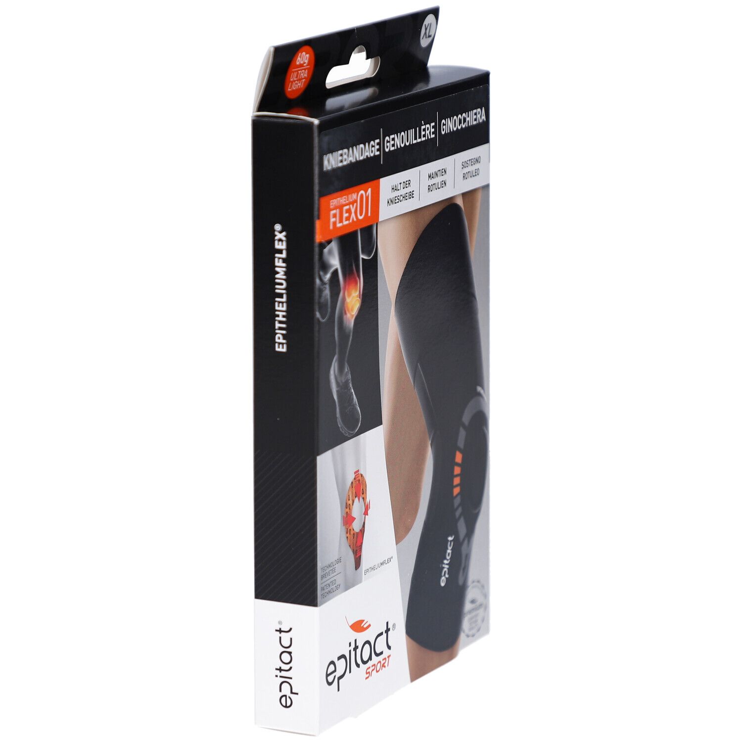 Verpackung der Kniebandage. Seitenansicht. Text: Epithelium Flex 01, Epitact Sport. Abbildung der Kniebandage.