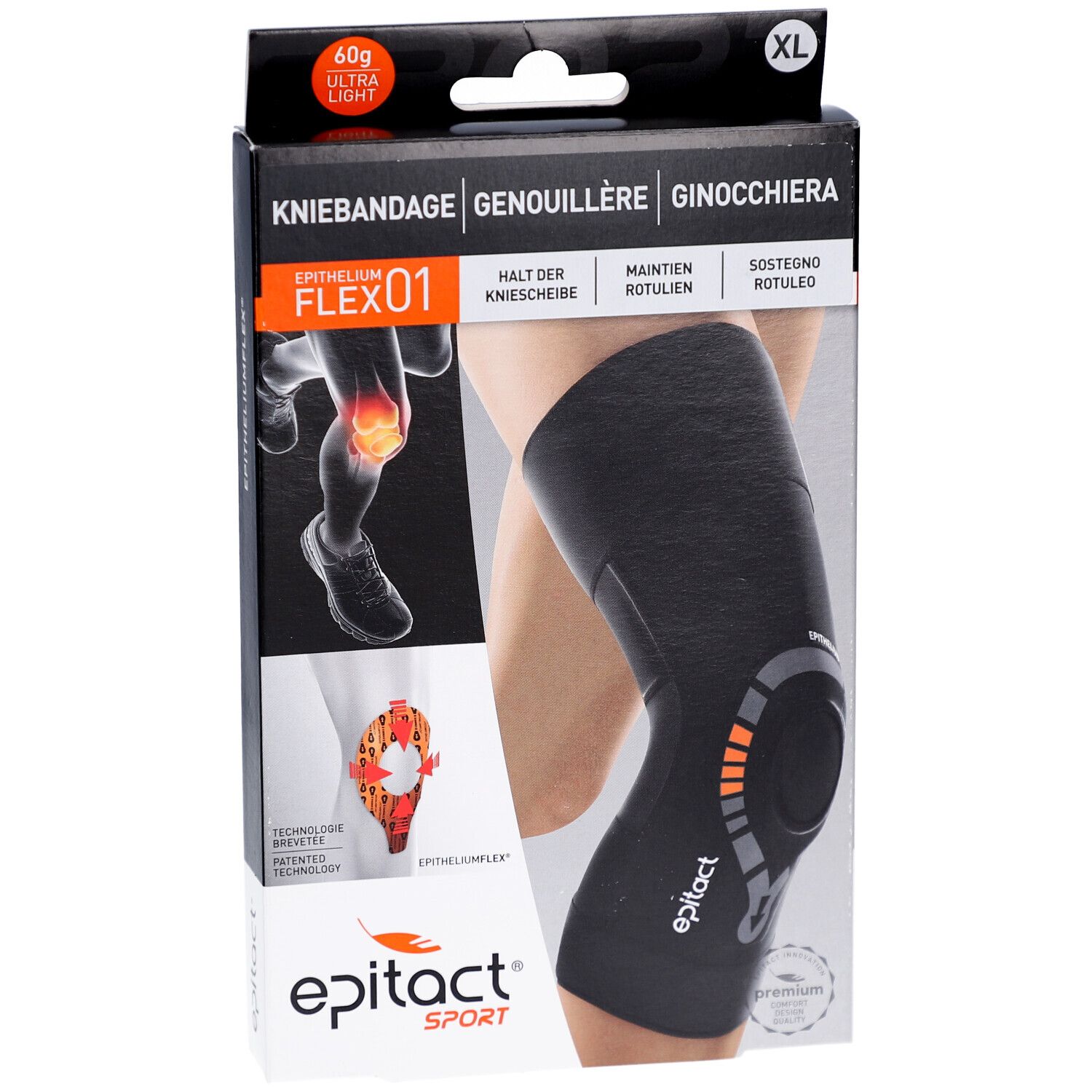 Schwarze Kniebandage in Verpackung. Text: Kniebandage, Epitact Sport, Flex 01, XL. Abbildung eines Beins mit Kniebandage.