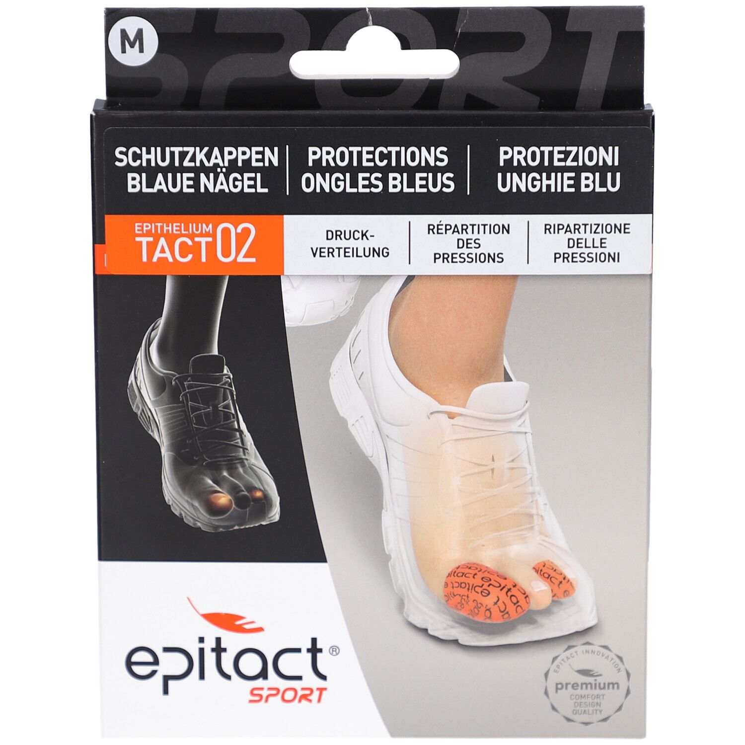 Epitact Sport Tact 02 Verpackung. Enthält Schutz für blaue Nägel. Größe M. Produktabbildung mit Fuß in Sportschuh.