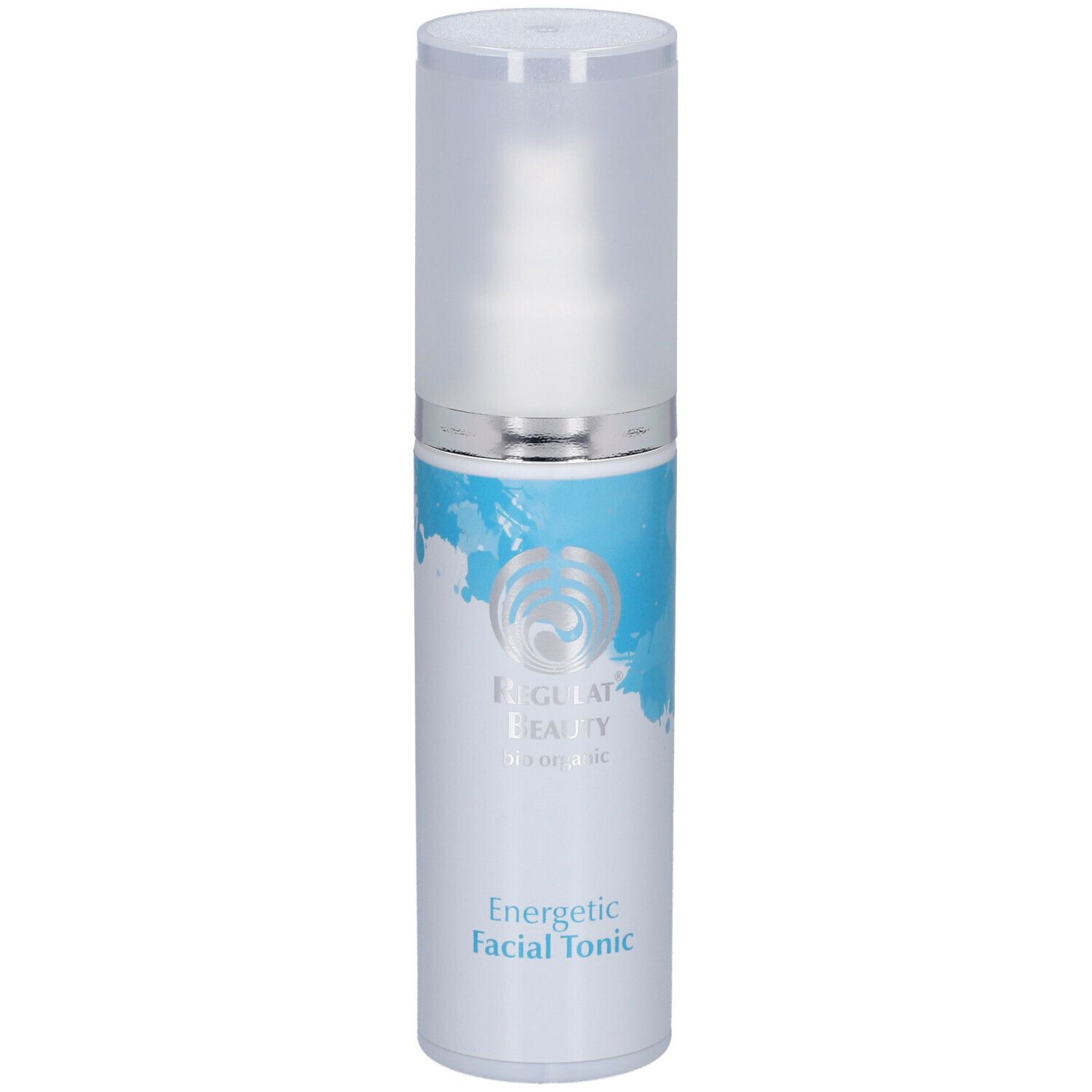 Flacon blanc et bleu avec vaporisateur. Inscription: Regulat Beauty, Energetic Facial Tonic.
