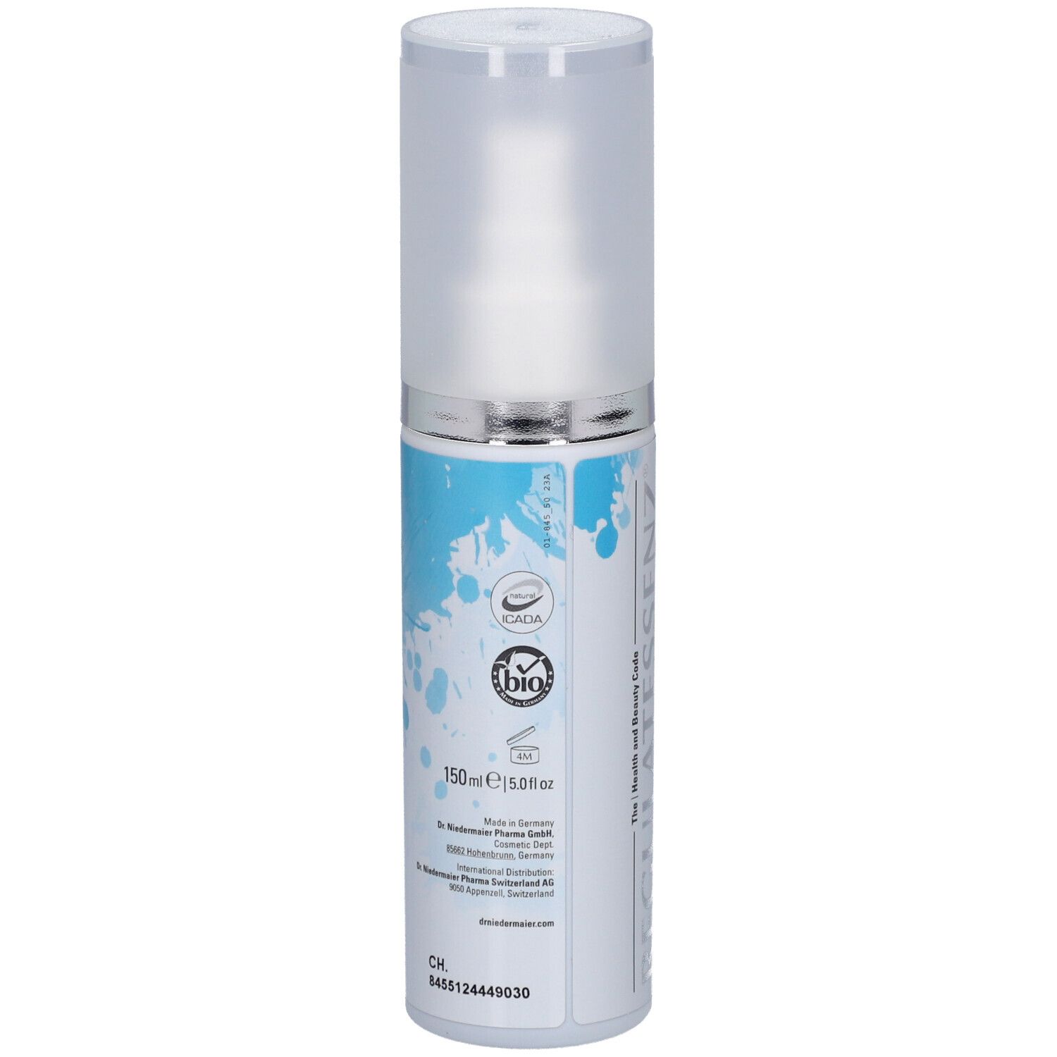Flacon blanc avec vaporisateur. Inscription: 150ml, label bio. Texte au dos.