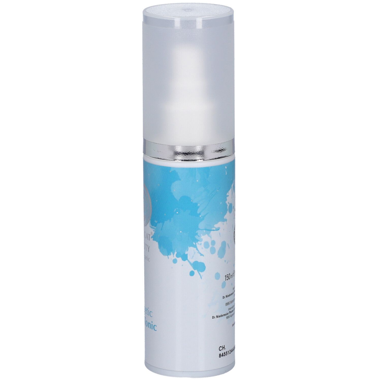 Flacon blanc avec vaporisateur. Inscription: 150ml. Texte au dos.