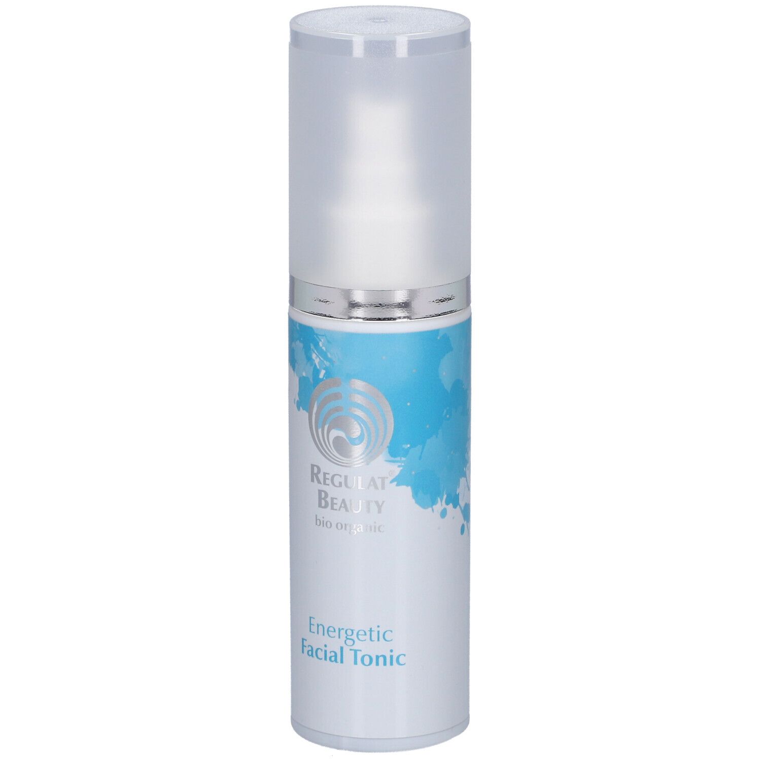 Flacon blanc avec vaporisateur. Inscription: Regulat Beauty, Energetic Facial Tonic.