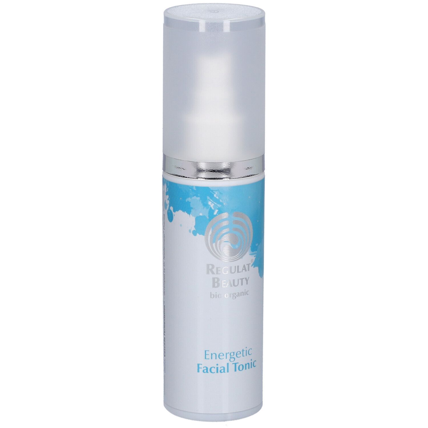 Flacon blanc avec vaporisateur. Inscription: Regulat Beauty, Energetic Facial Tonic.