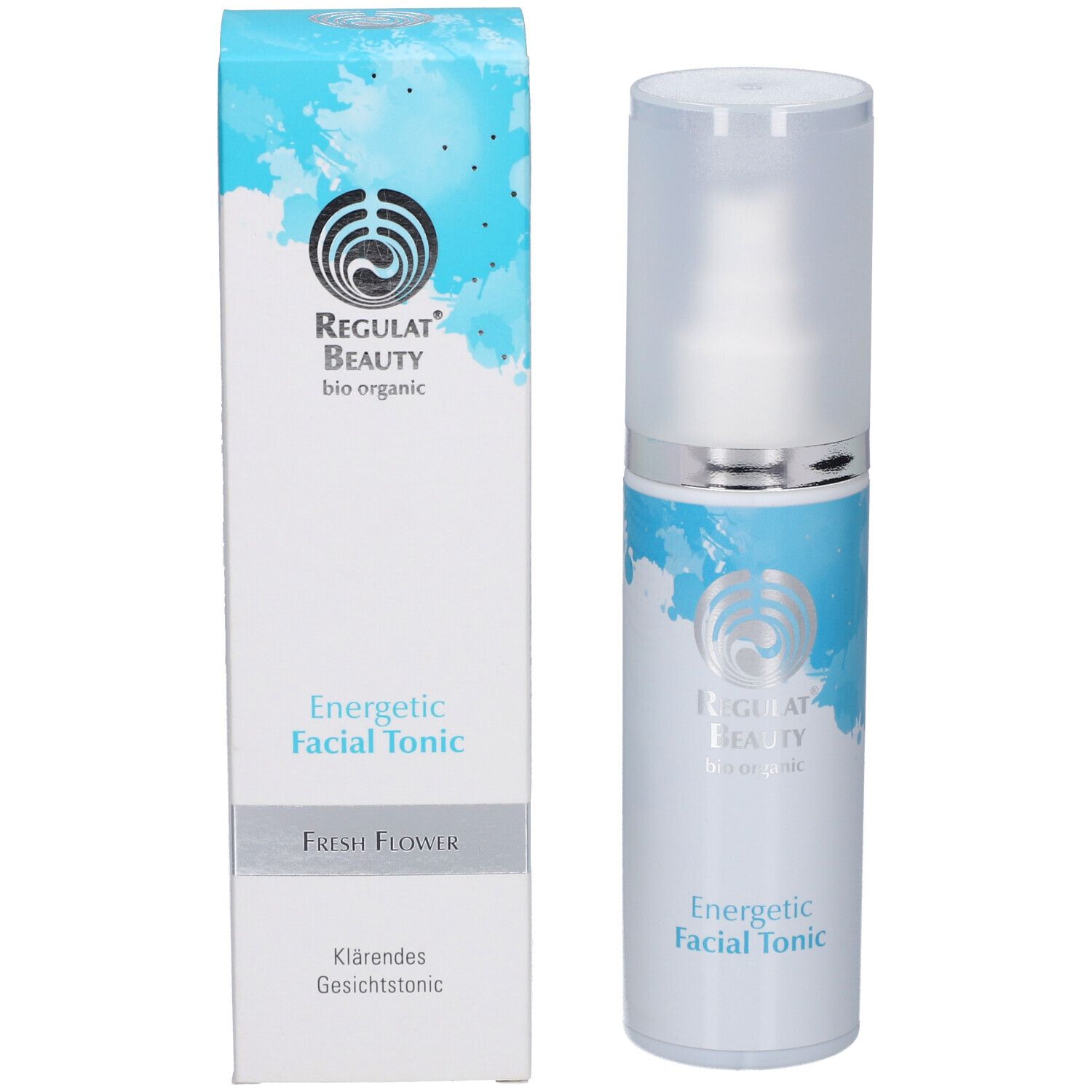 Flacon et boîte. Inscription: Regulat Beauty, Energetic Facial Tonic, Fresh Flower.