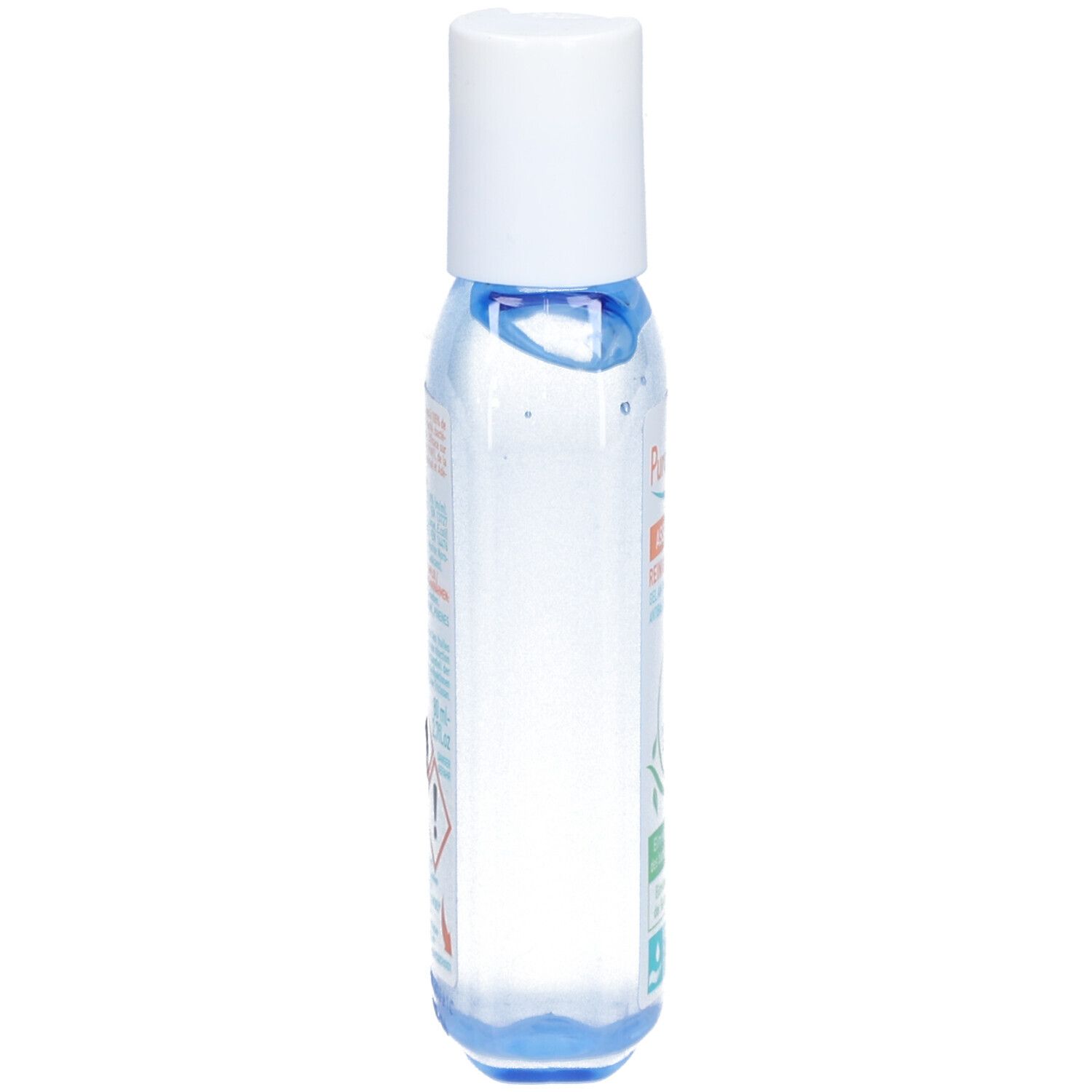 Flacon transparent avec bouchon blanc, vue latérale. Étiquette avec texte et symboles. Liquide bleu.
