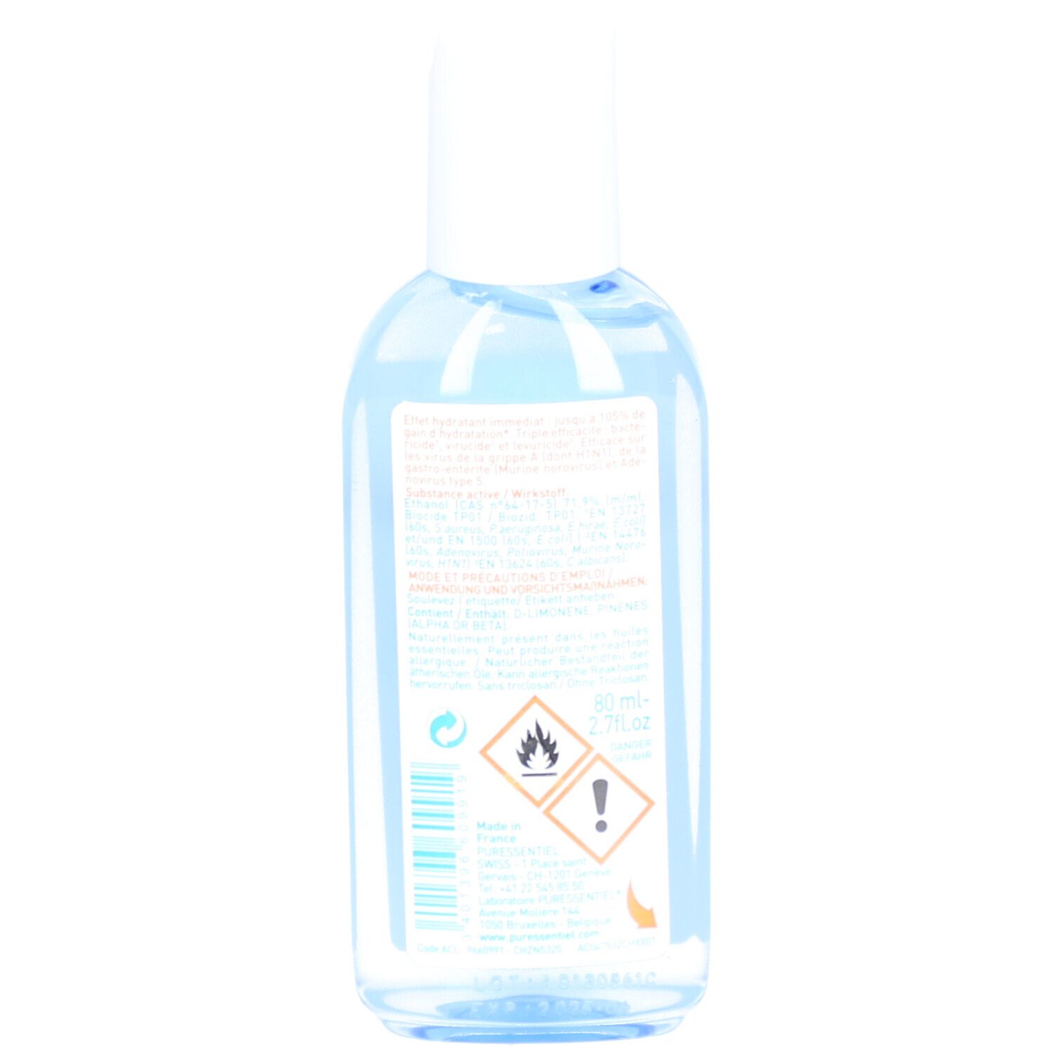 Vue arrière d'un flacon transparent avec bouchon blanc. Étiquette avec texte, symboles d'avertissement et informations du fabricant.