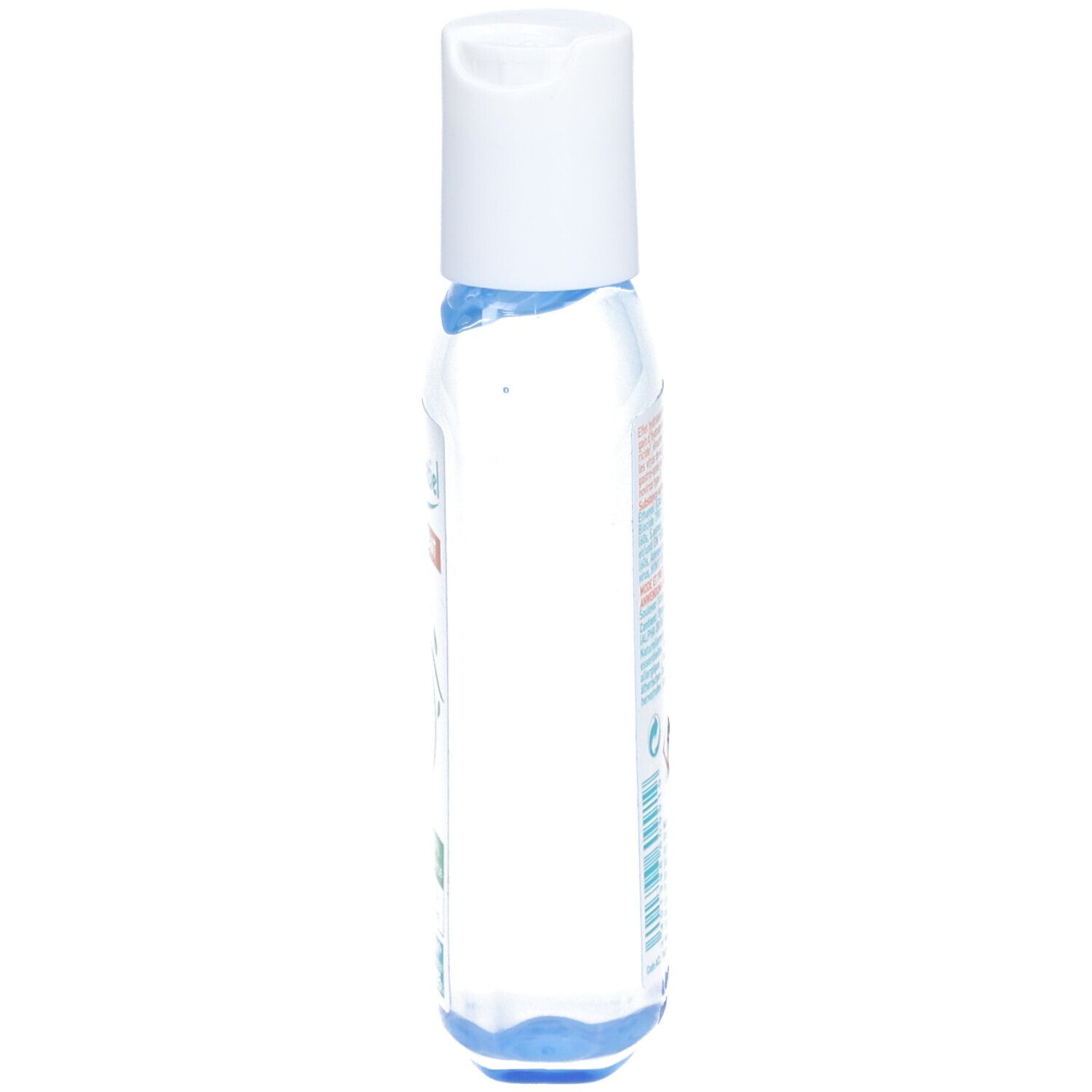 Flacon transparent avec bouchon blanc, vue latérale. Étiquette avec texte et symboles. Liquide bleu.