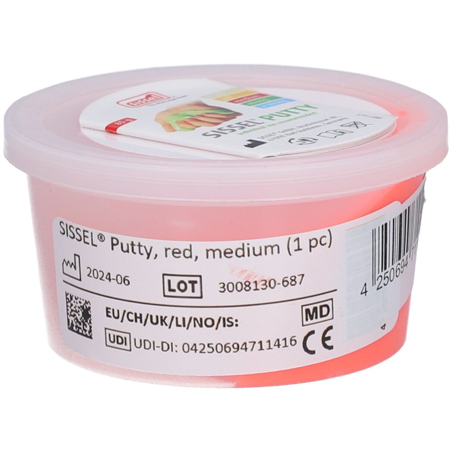 Roter Sissel Putty in einem transparenten Behälter mit Deckel. Aufkleber mit Produktinformationen und CE-Kennzeichnung.
